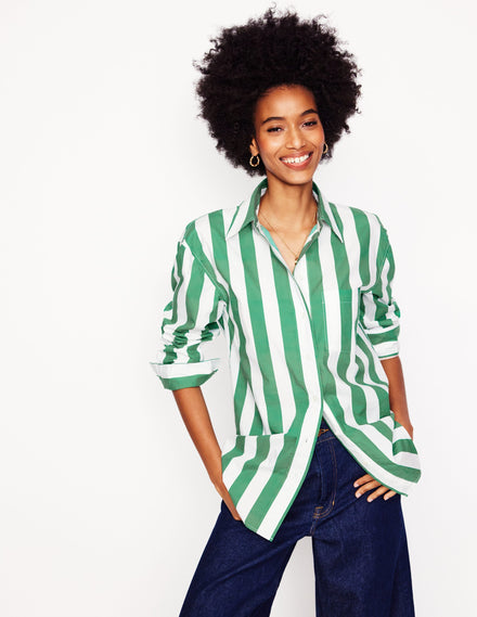 Sadie Relaxed Cotton Shirt-Rich Emerald Wide Stripe