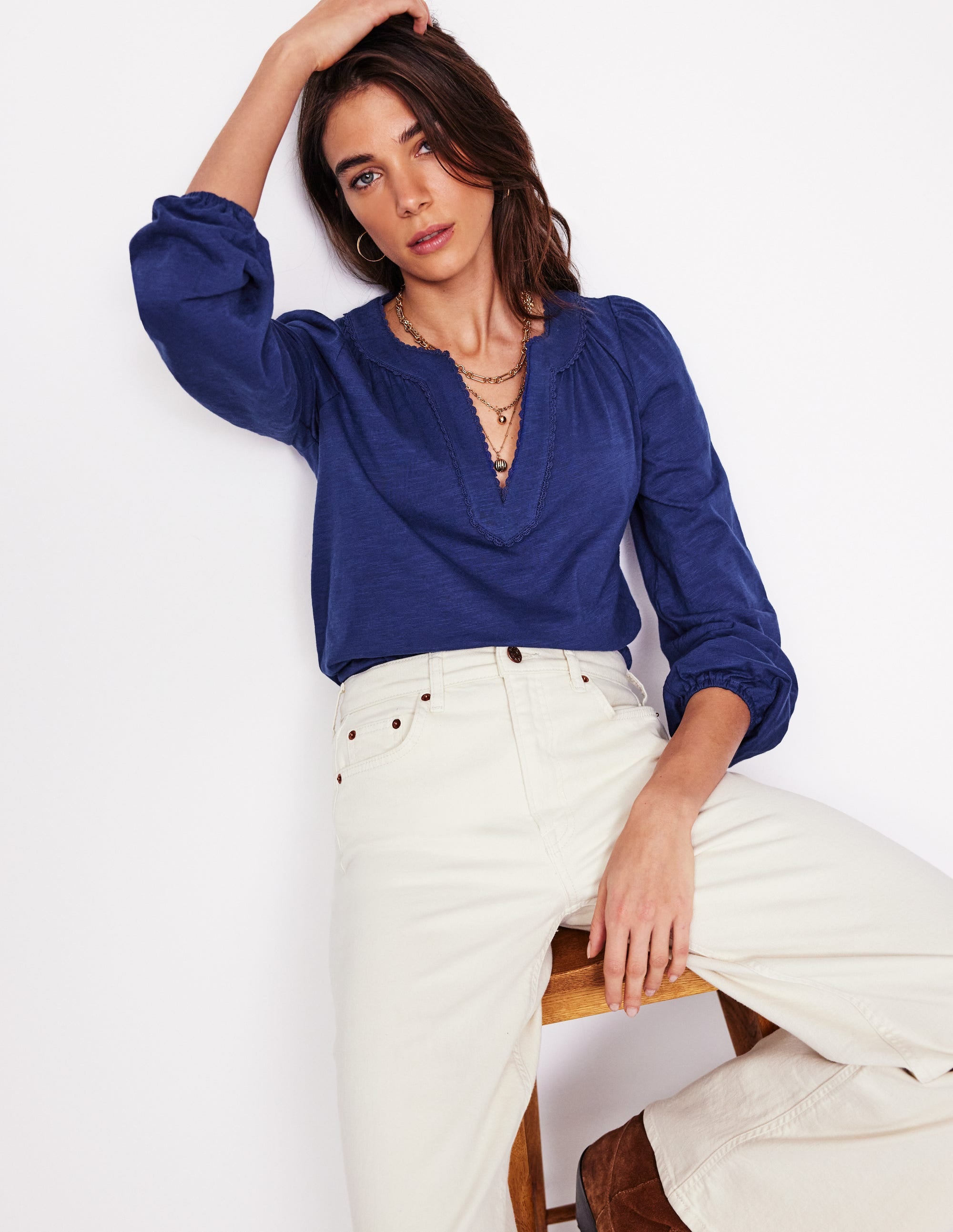 Top Ava à manches longues et détails dentelle-Aristocratic Blue/ Ivory Stripe - Image 1