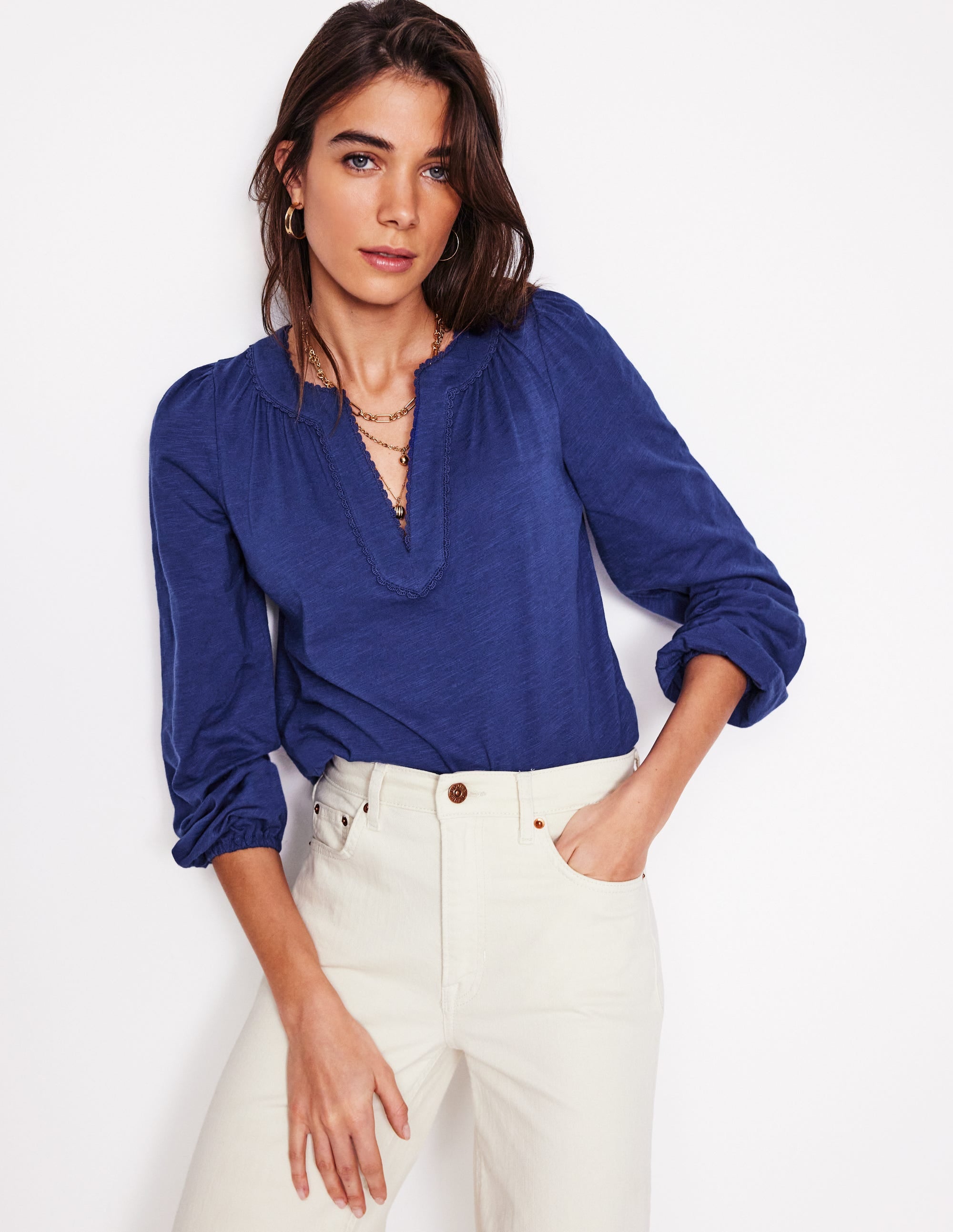 Top Ava à manches longues et détails dentelle-Aristocratic Blue/ Ivory Stripe - Image 4