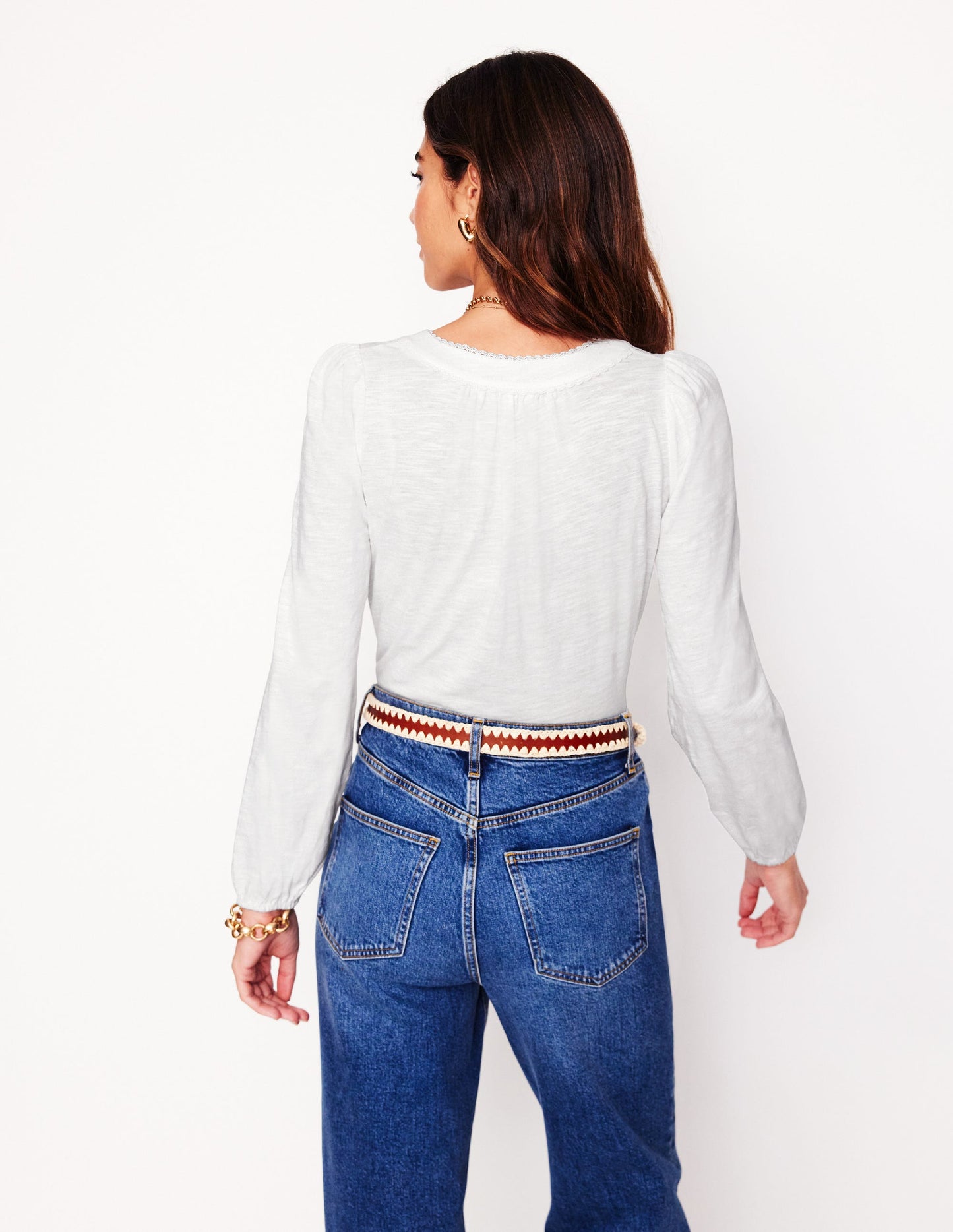 Ava Long Sleeve Trim Top-White