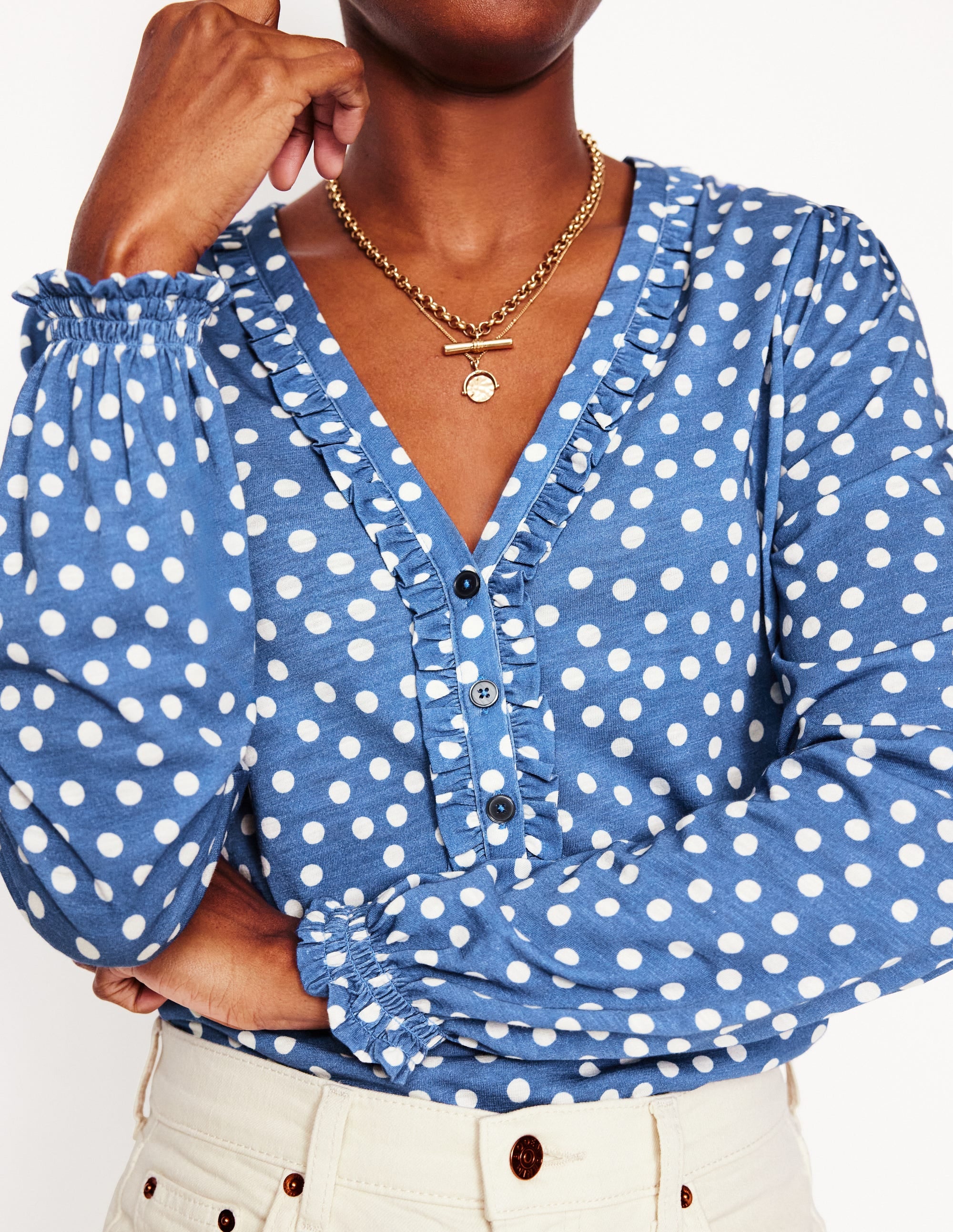 Poppy Ruffled Henley Top-Blue River, Abstract Spot - Image 2
