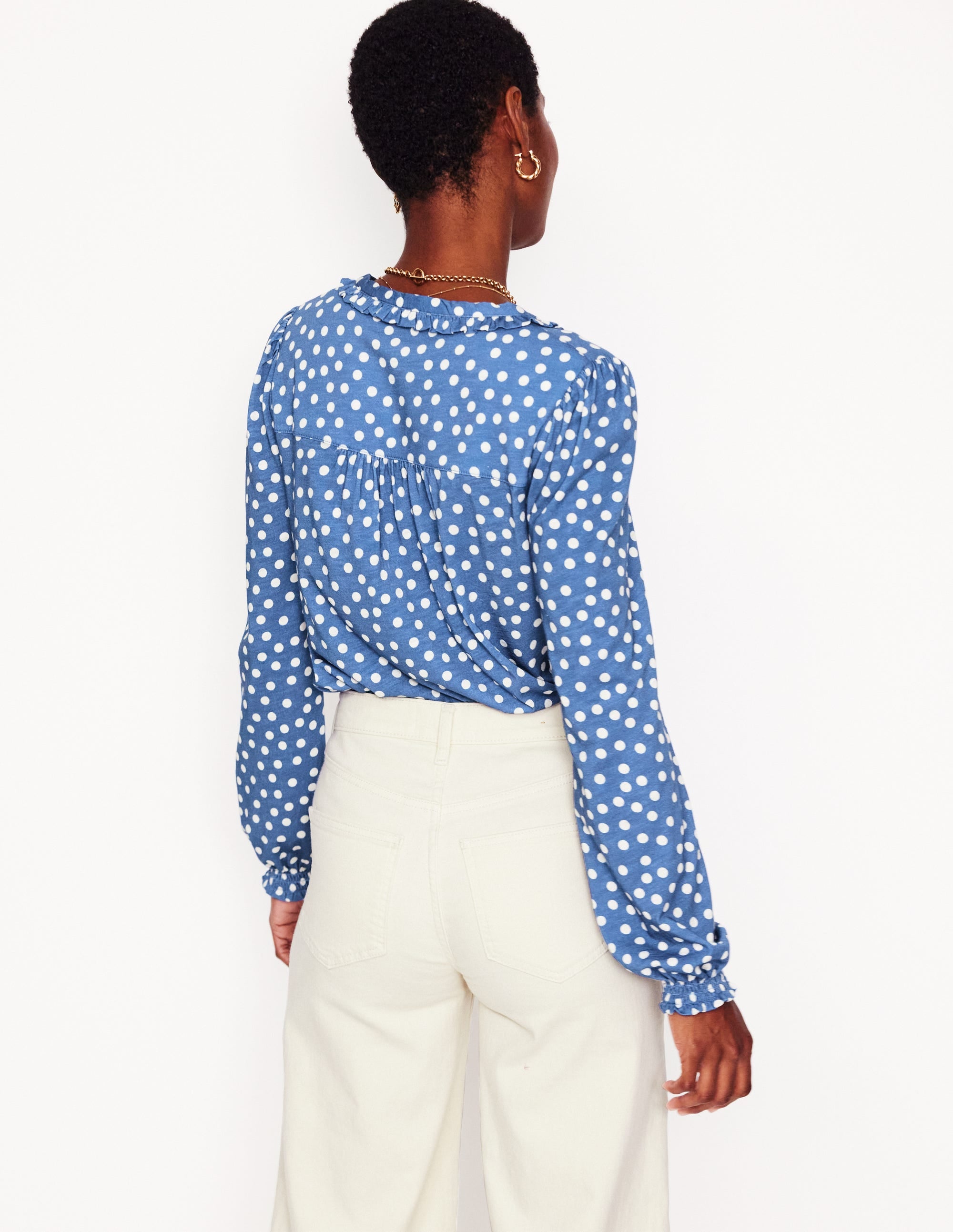 Poppy Ruffled Henley Top-Blue River, Abstract Spot - Image 3