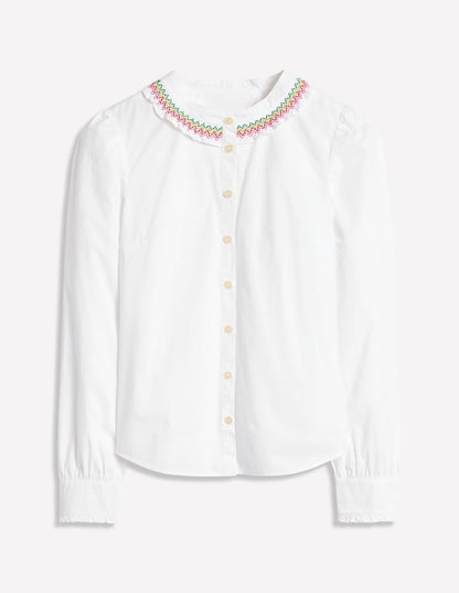 Smocked Neck Shirt-White, Multi Stitching