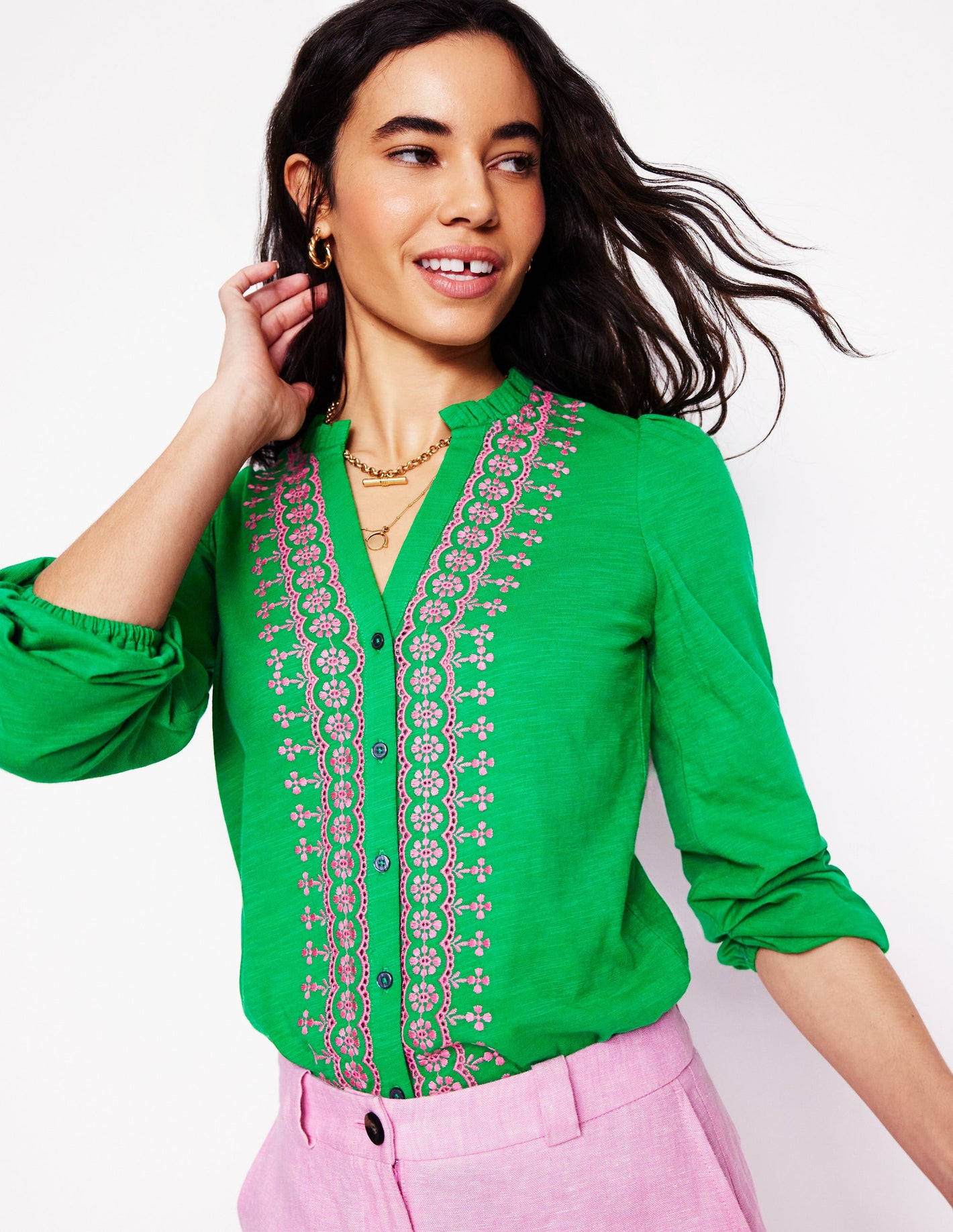 Embroidered Frill Neck Blouse-Rich Emerald