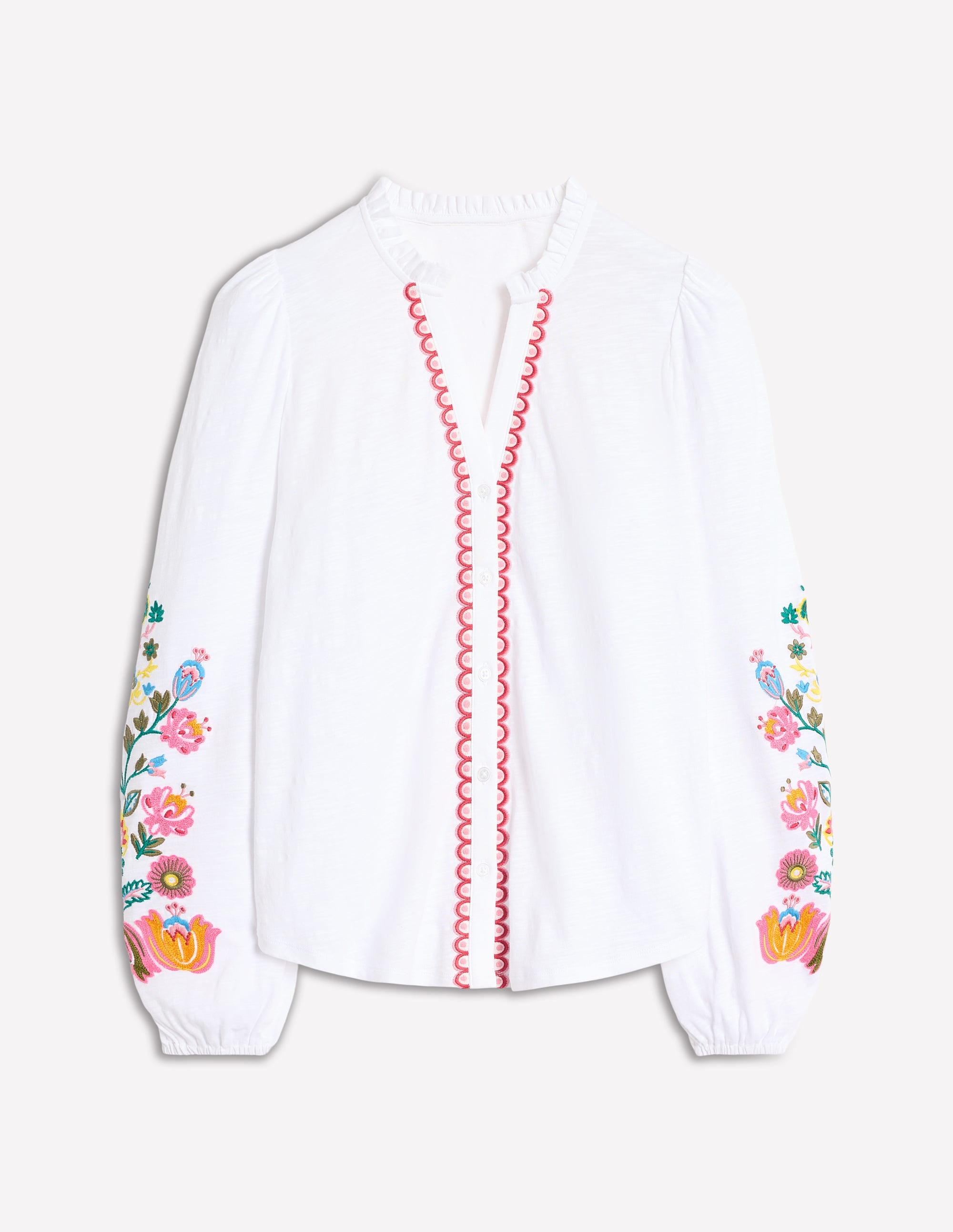 Embroidered Frill Neck Blouse-White, Multi Floral Embroidery - Image 5