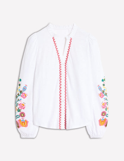 Embroidered Frill Neck Blouse-White, Multi Floral Embroidery