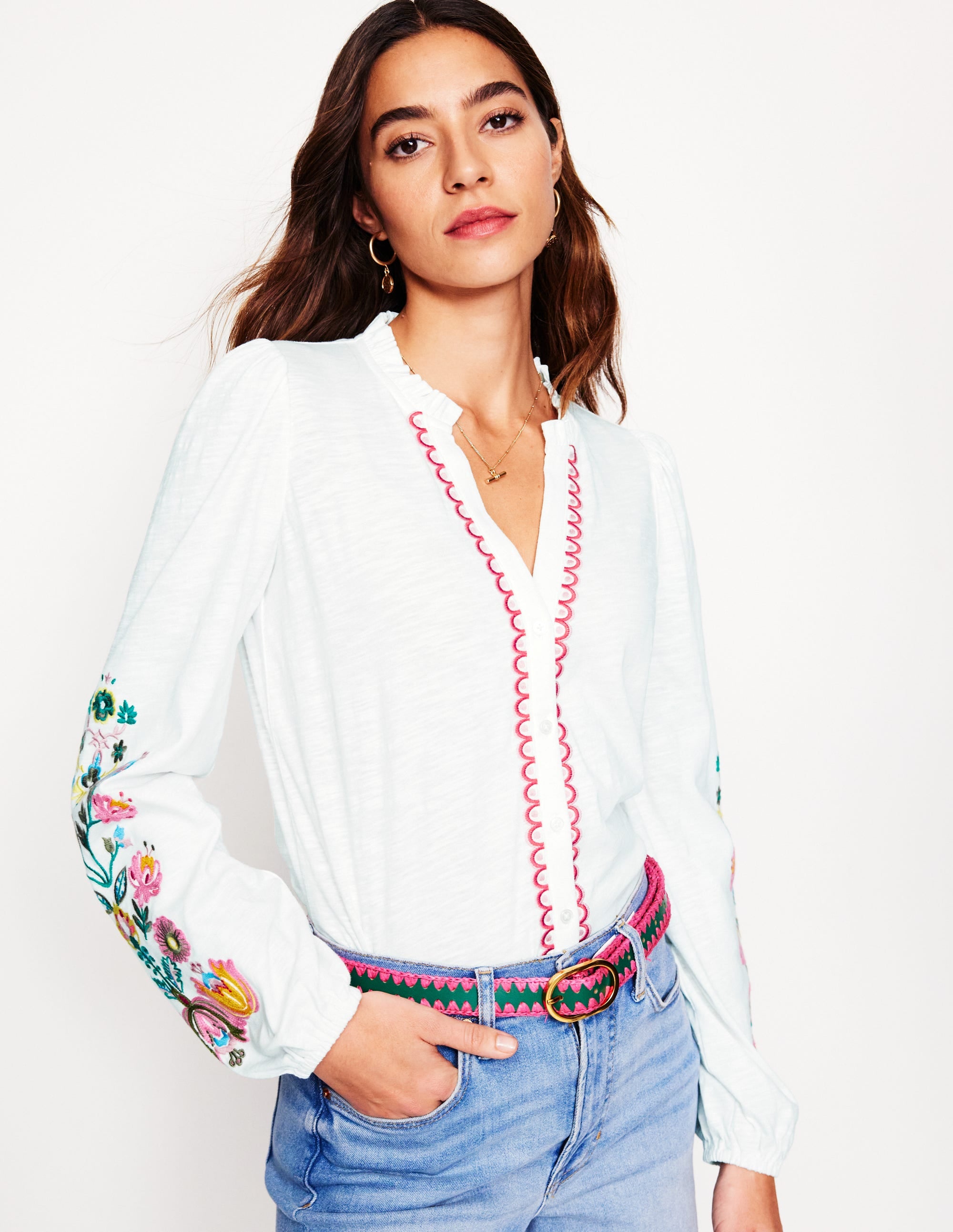 Embroidered Frill Neck Blouse-White, Multi Floral Embroidery - Image 1