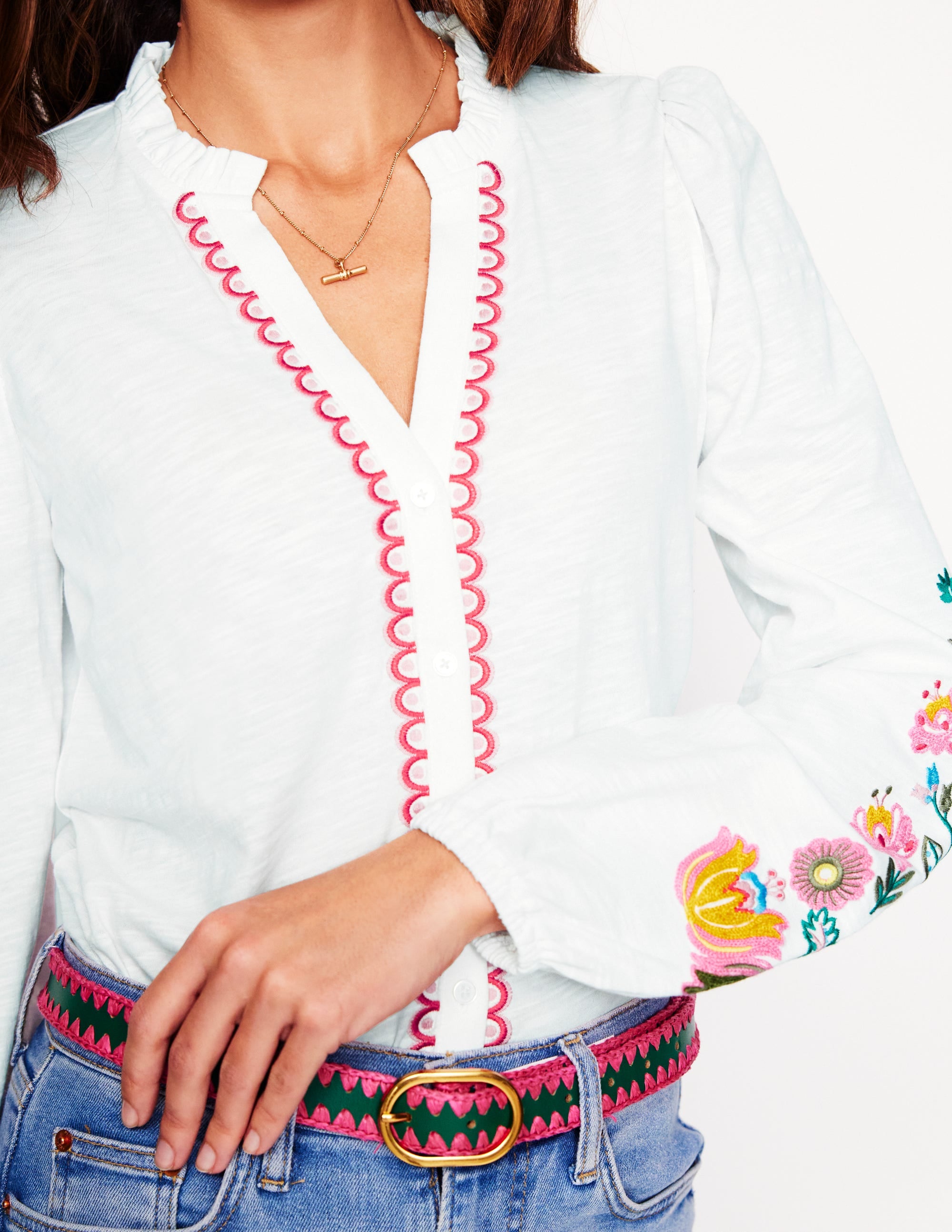 Embroidered Frill Neck Blouse-White, Multi Floral Embroidery - Image 2