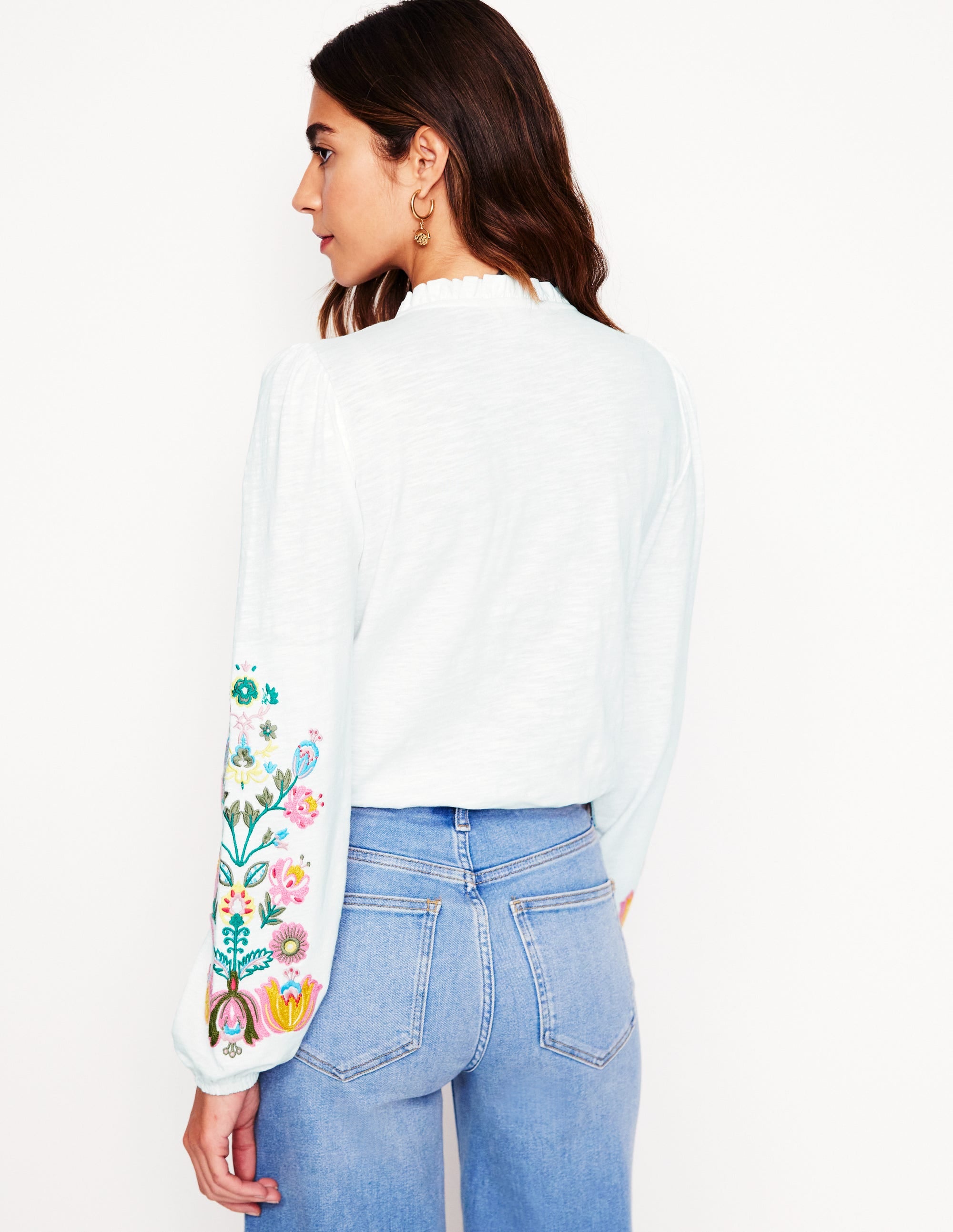 Embroidered Frill Neck Blouse-White, Multi Floral Embroidery - Image 3