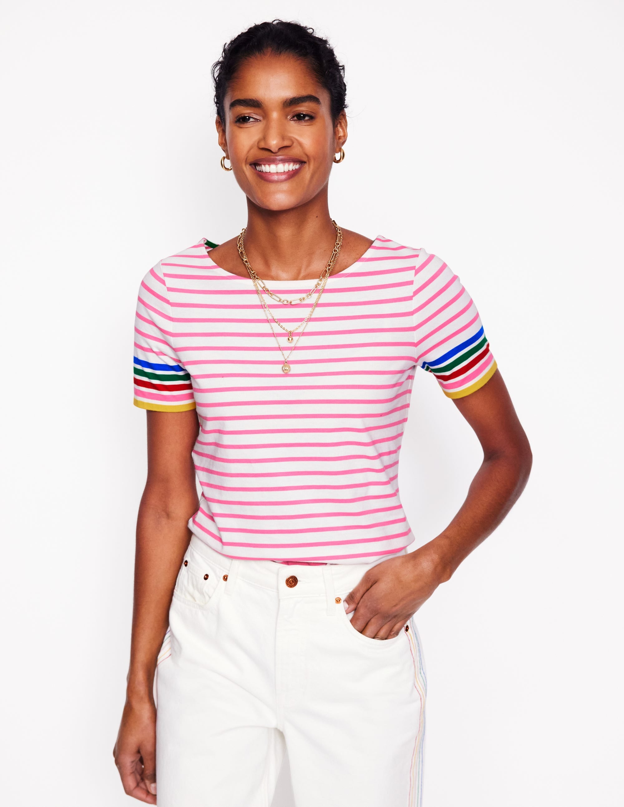 Marinière Ella à manches courtes-Rayé rose, multi sur les manches - Image 1
