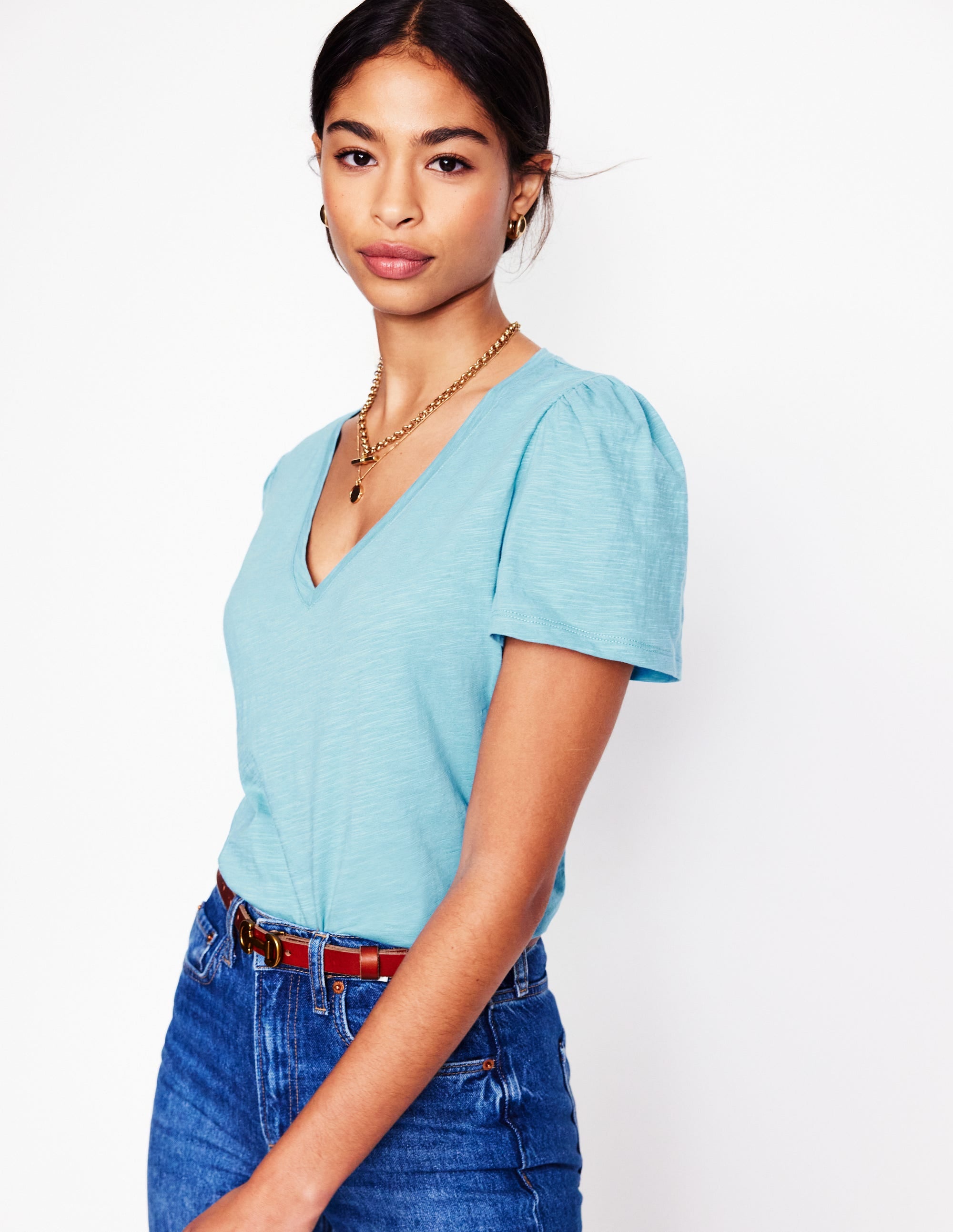 Sophie V-neck Slub T-shirt-Denim Blue, Wildflower Bouquet - Image 1