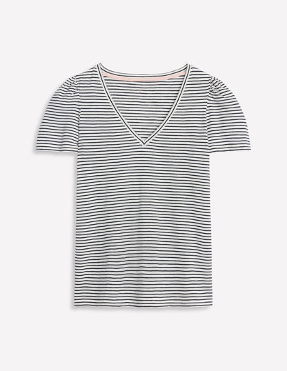 Short Sleeve V Neck T-shirt-Ivory, Navy Stripe