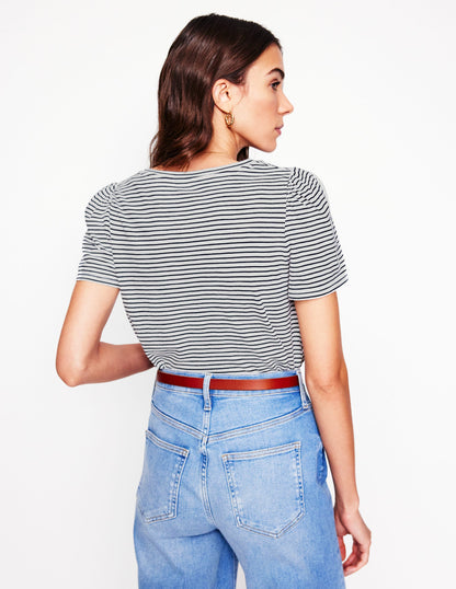 Short Sleeve V Neck T-shirt-Ivory, Navy Stripe