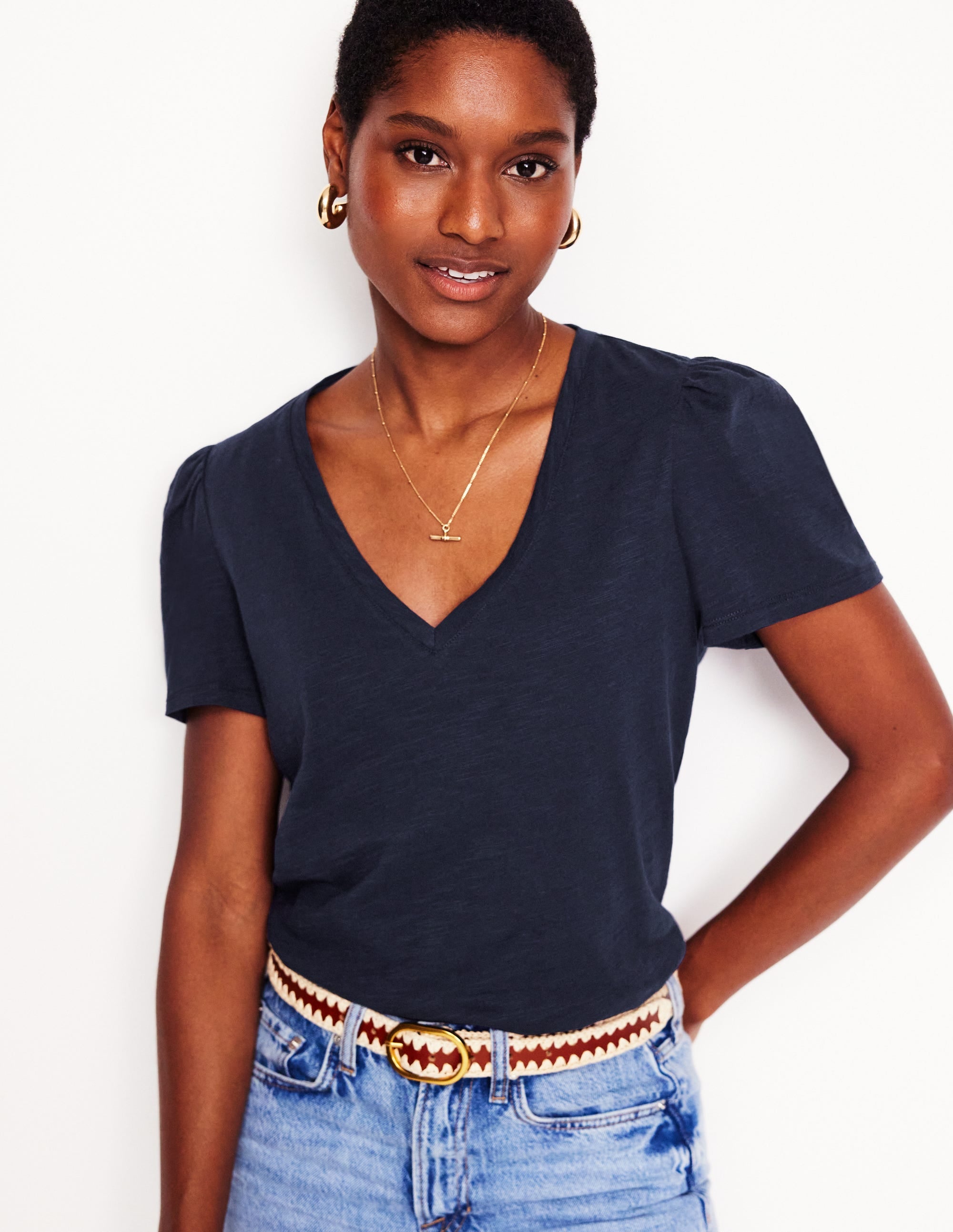 Sophie Flammgarn-T-Shirt mit V-Ausschnitt-Marineblaue - Image 1