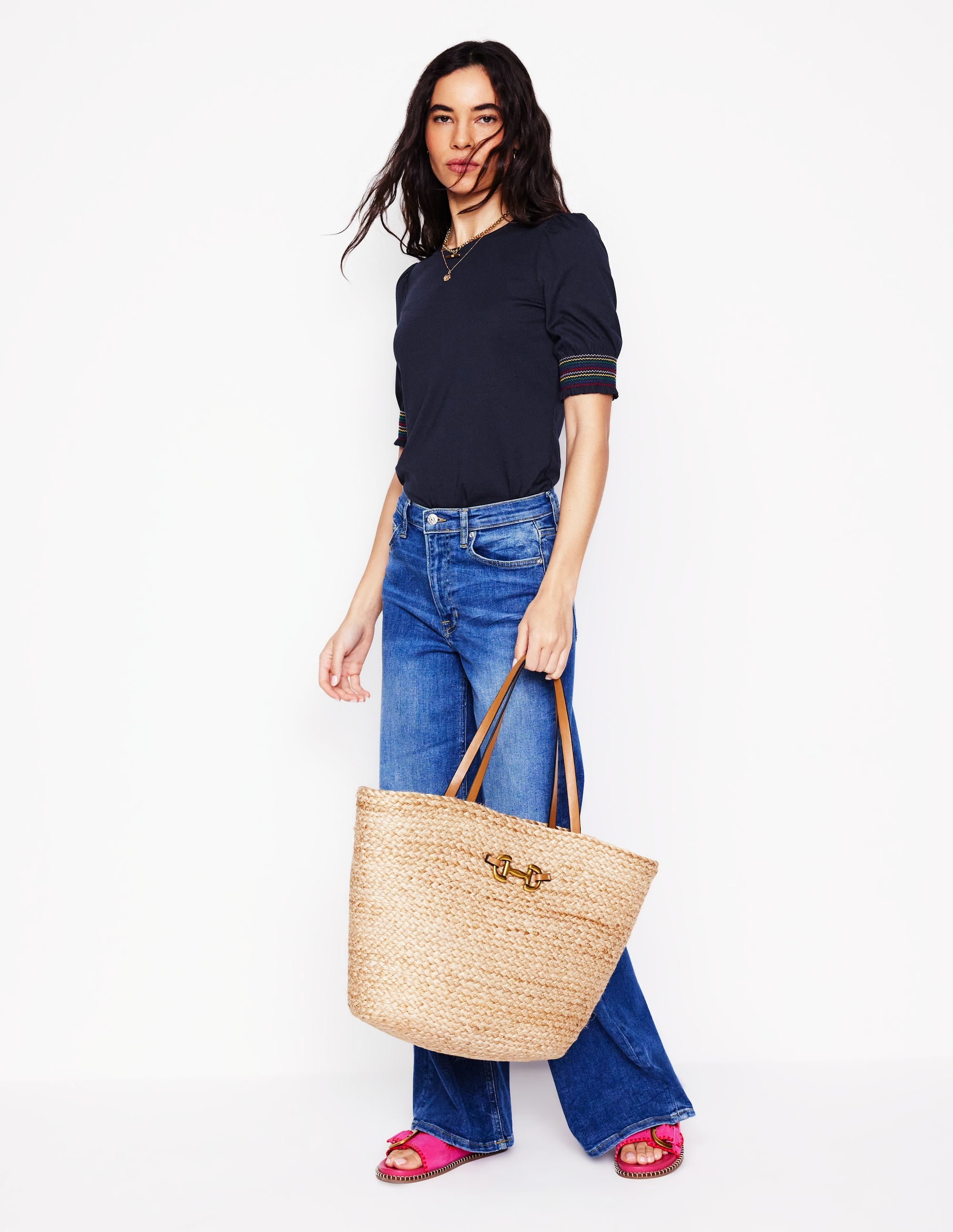 Top à manches courtes et poignets à smocks-Bleu Marine - Image 4
