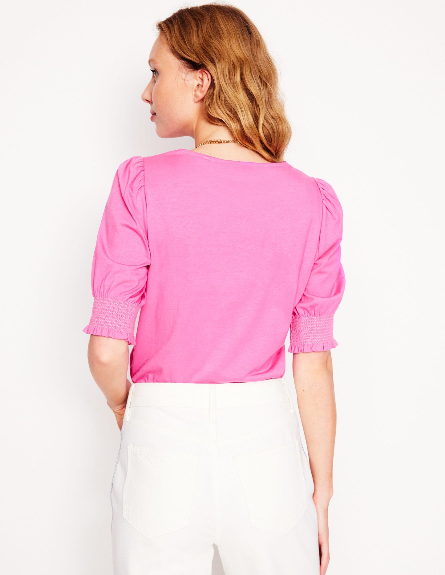 Short Sleeve Smocked Cuff Top-Tickled Pink