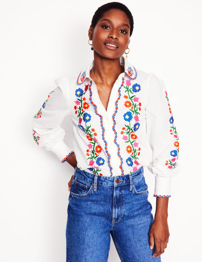 Embroidered Cotton Shirt-White, Floral Embroidery