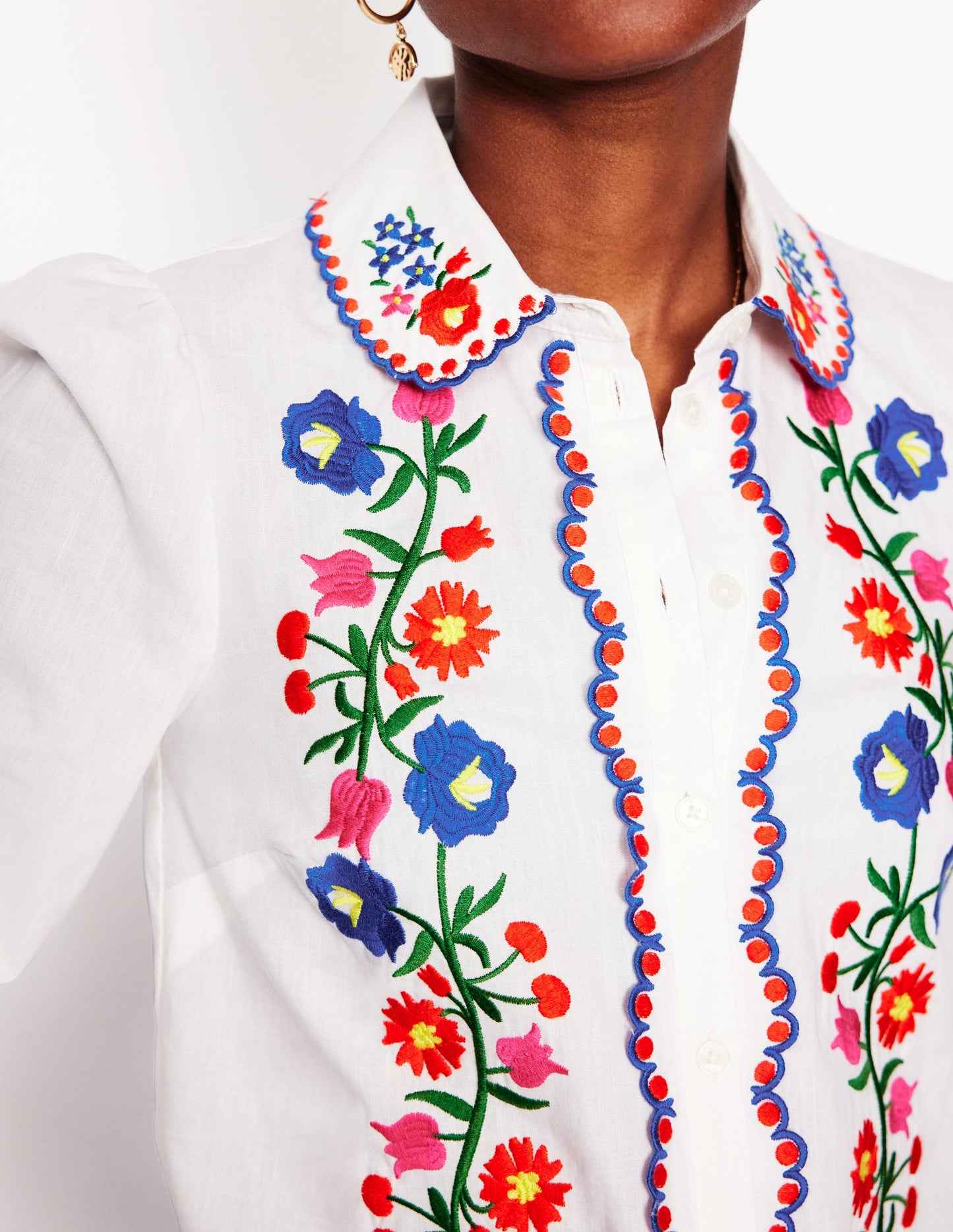 Embroidered Cotton Shirt-White, Floral Embroidery