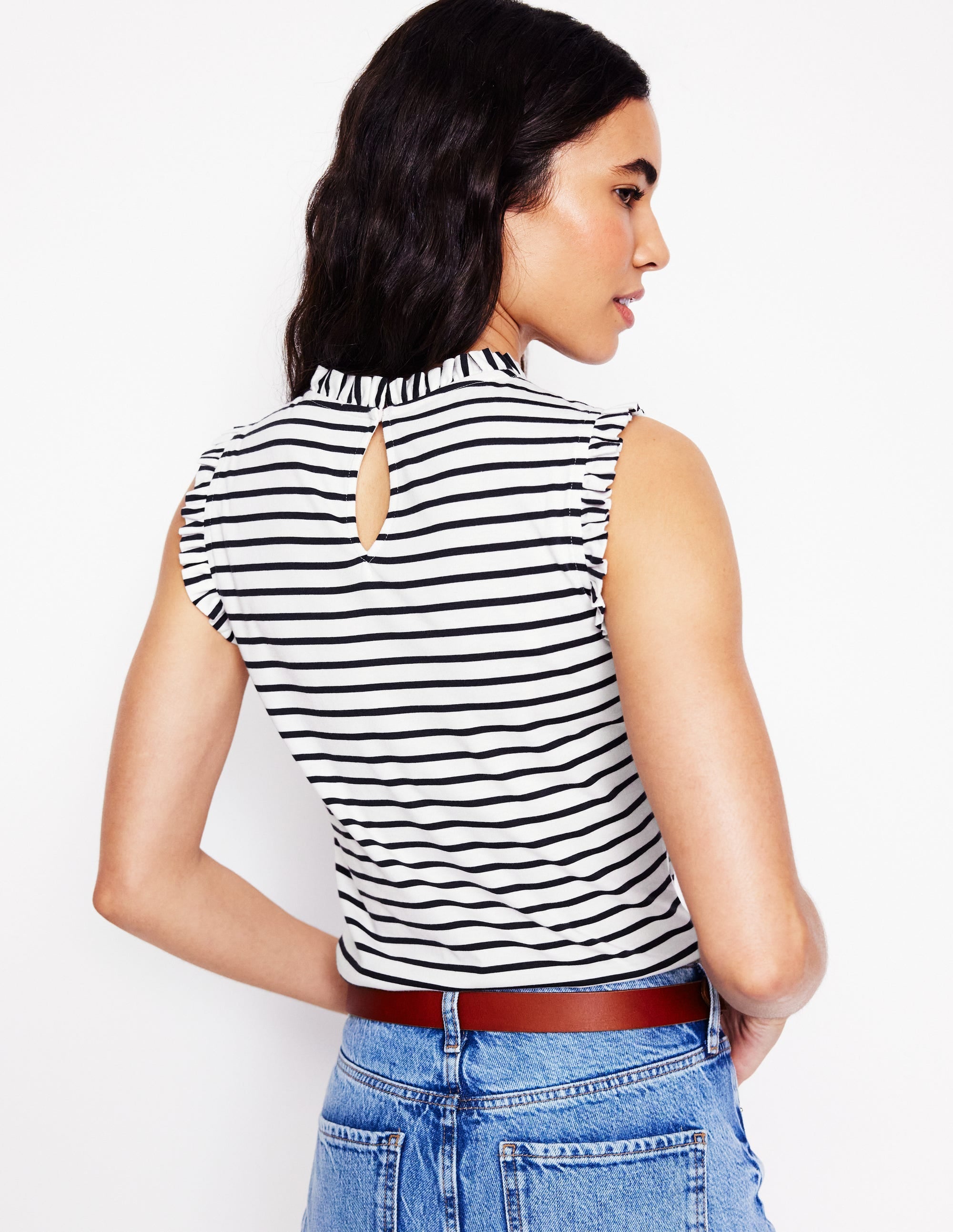 Superweiches Top mit Rüschendetail-Naturweiß/Navy, Gestreift - Image 3
