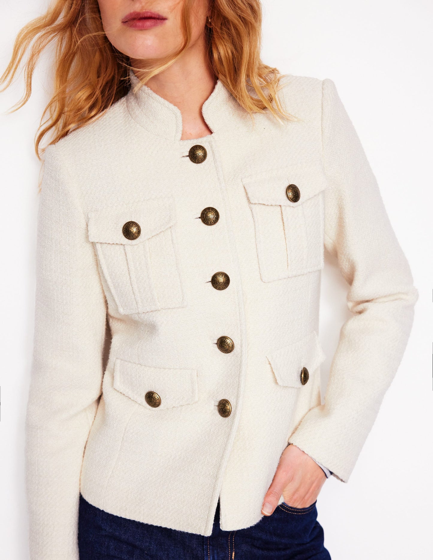 Texturierte Jacke mit Knöpfen-Ivory and Navy Spot