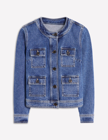 Veste décontractée sans col-Denim Délavage Moyen