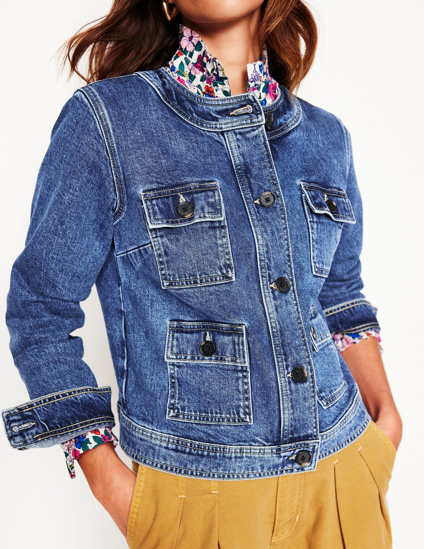 Collarless Casual Jacket-Mid Wash Denim