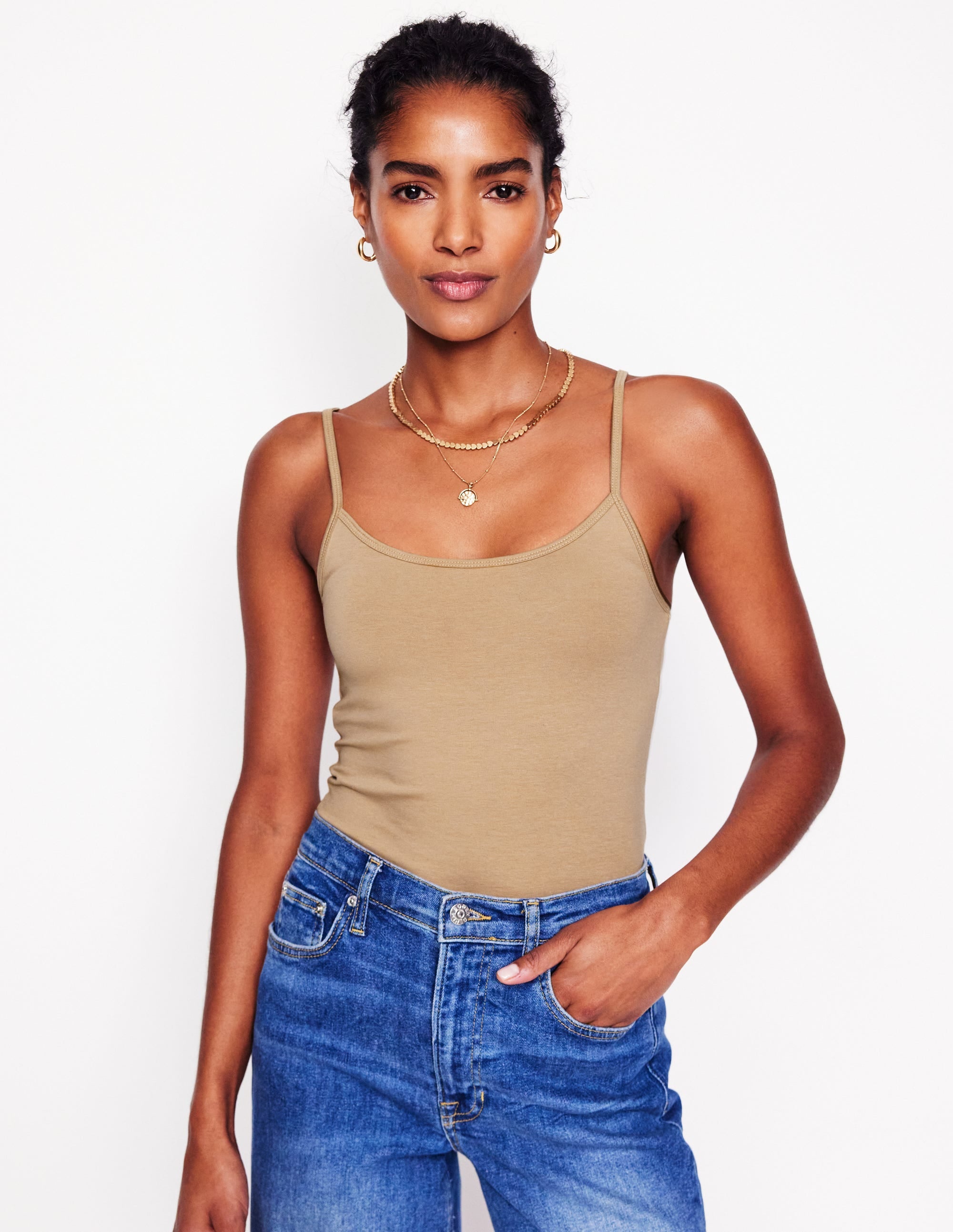 Schlichtes Camisole-Oberteil-Creme-Karamellbraun - Image 1