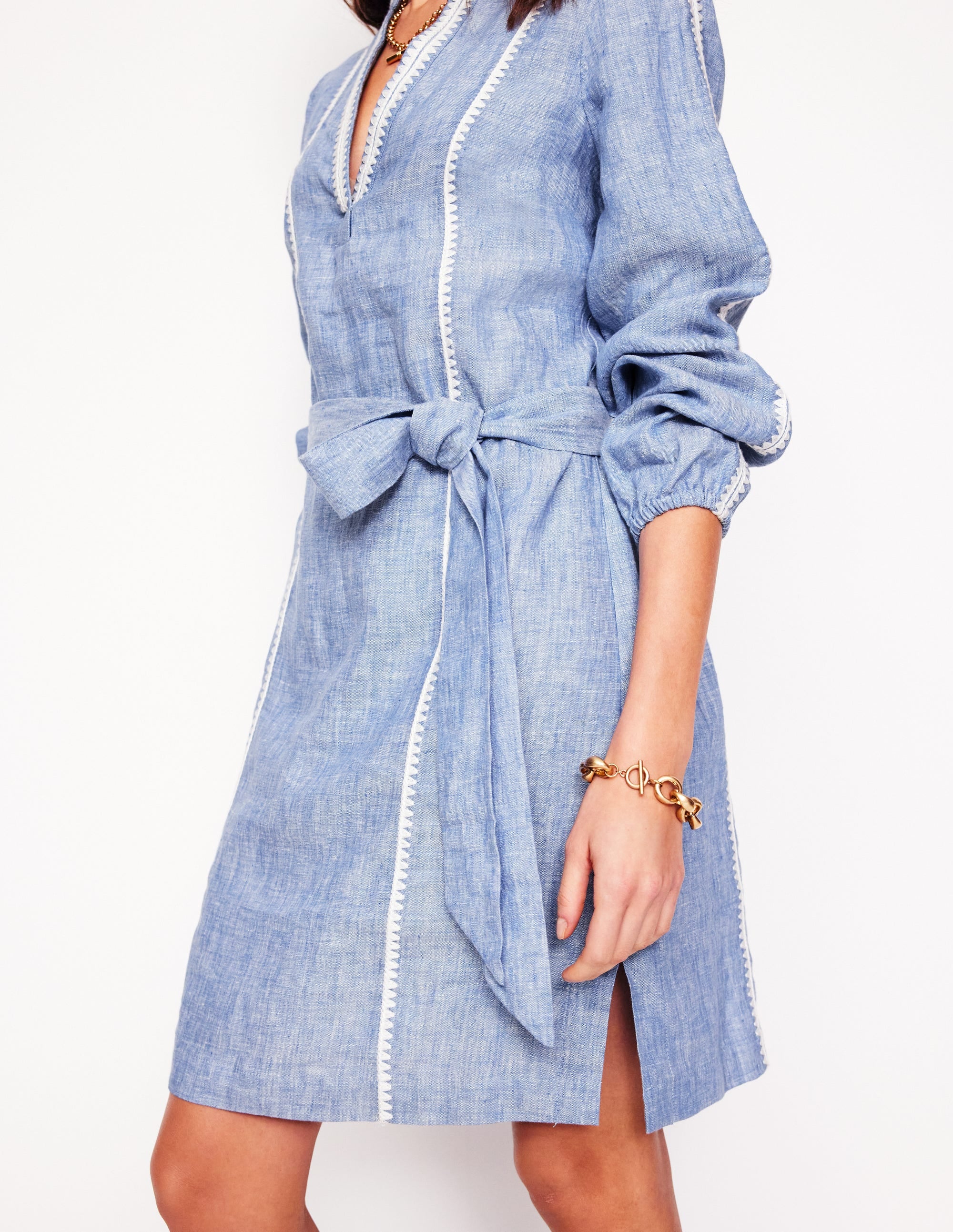 Robe Cleo nouée à la taille en lin-Broderie chambray - Image 3