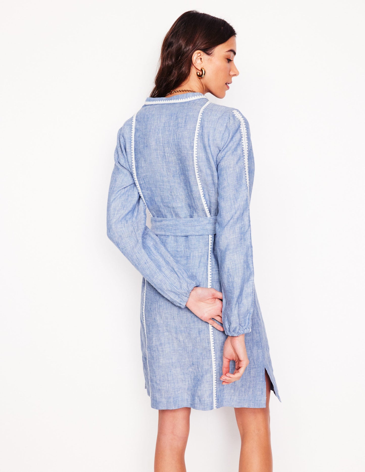 Robe Cleo nouée à la taille en lin-Broderie chambray