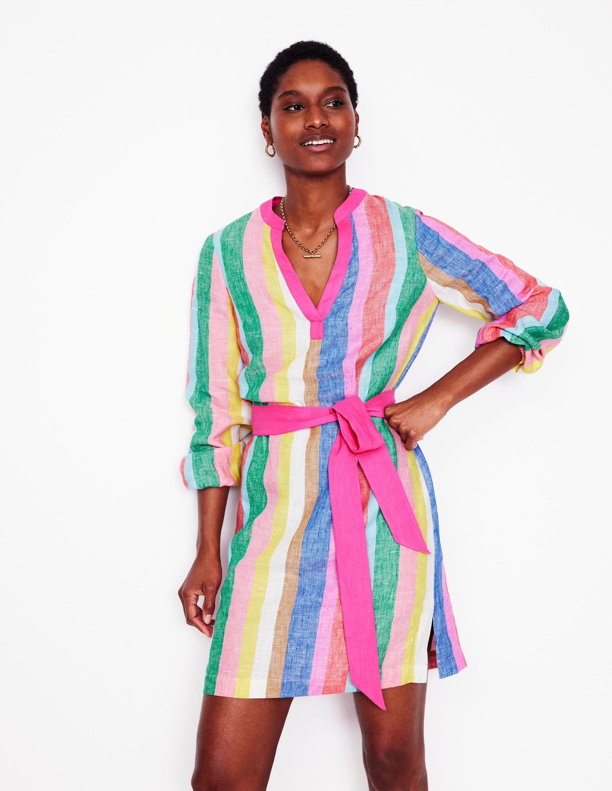 Robe Cleo nouée à la taille en lin-Rayé arc-en-ciel vif - Image 1