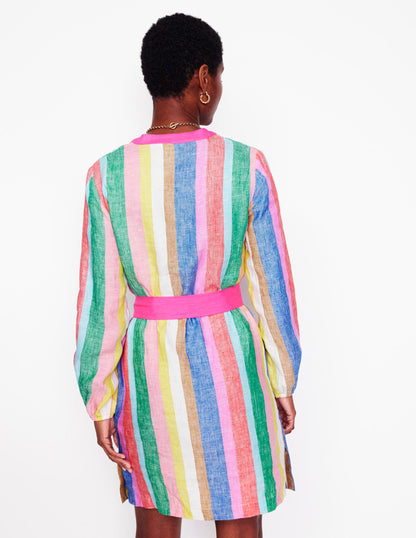 Cleo Linen Tie Waist Dress-Bright Rainbow Stripe