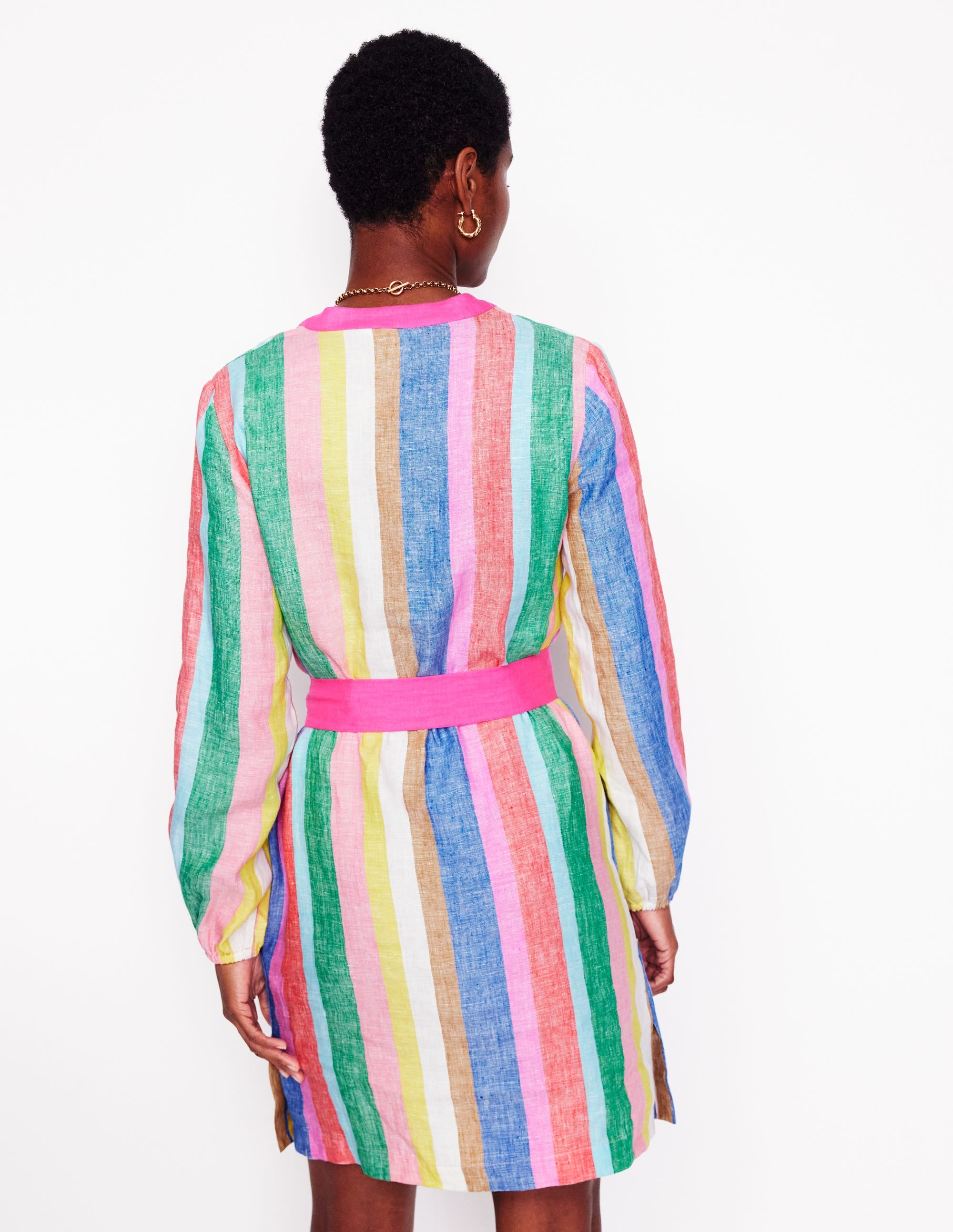 Robe Cleo nouée à la taille en lin-Rayé arc-en-ciel vif - Image 3