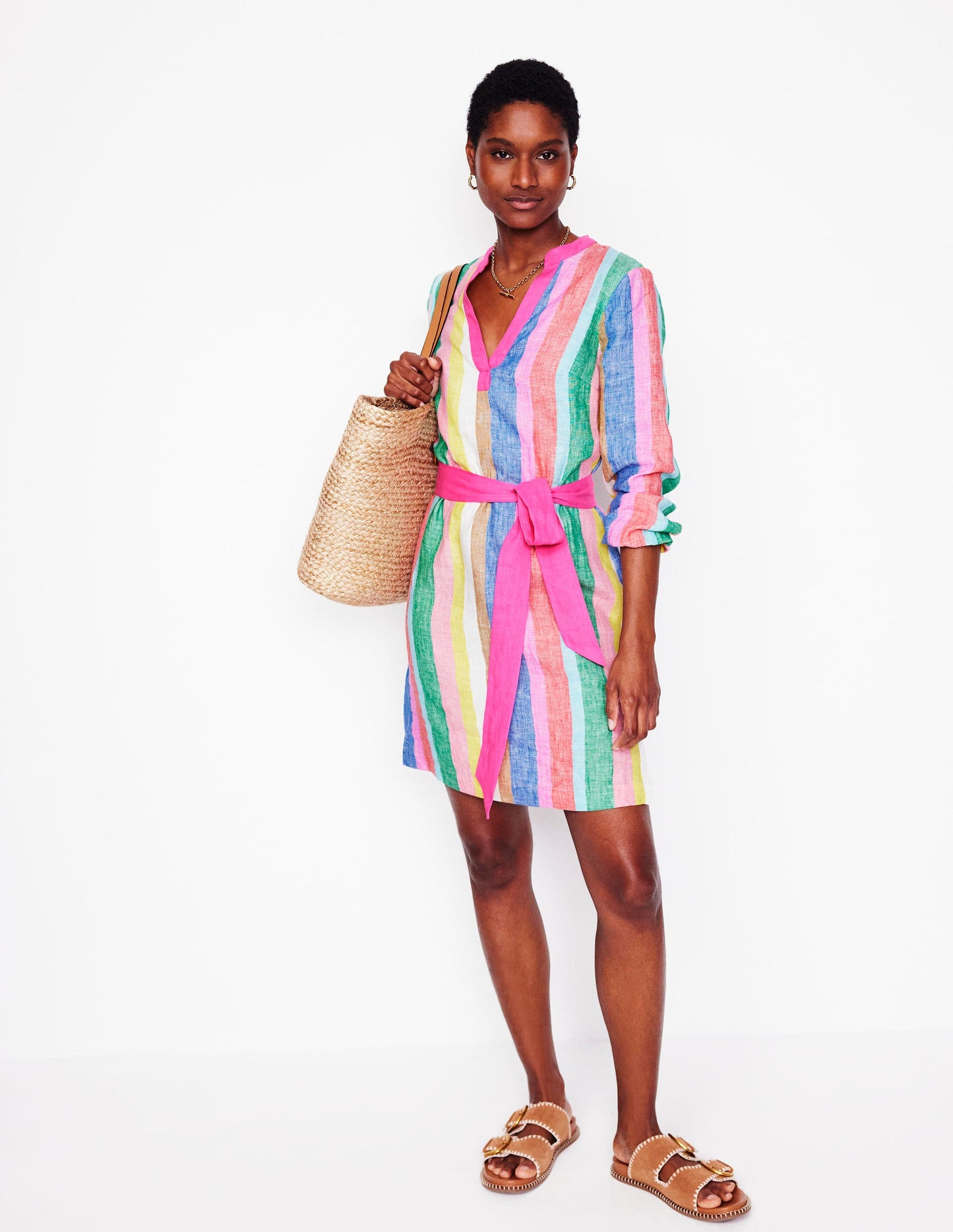 Cleo Linen Tie Waist Dress-Bright Rainbow Stripe