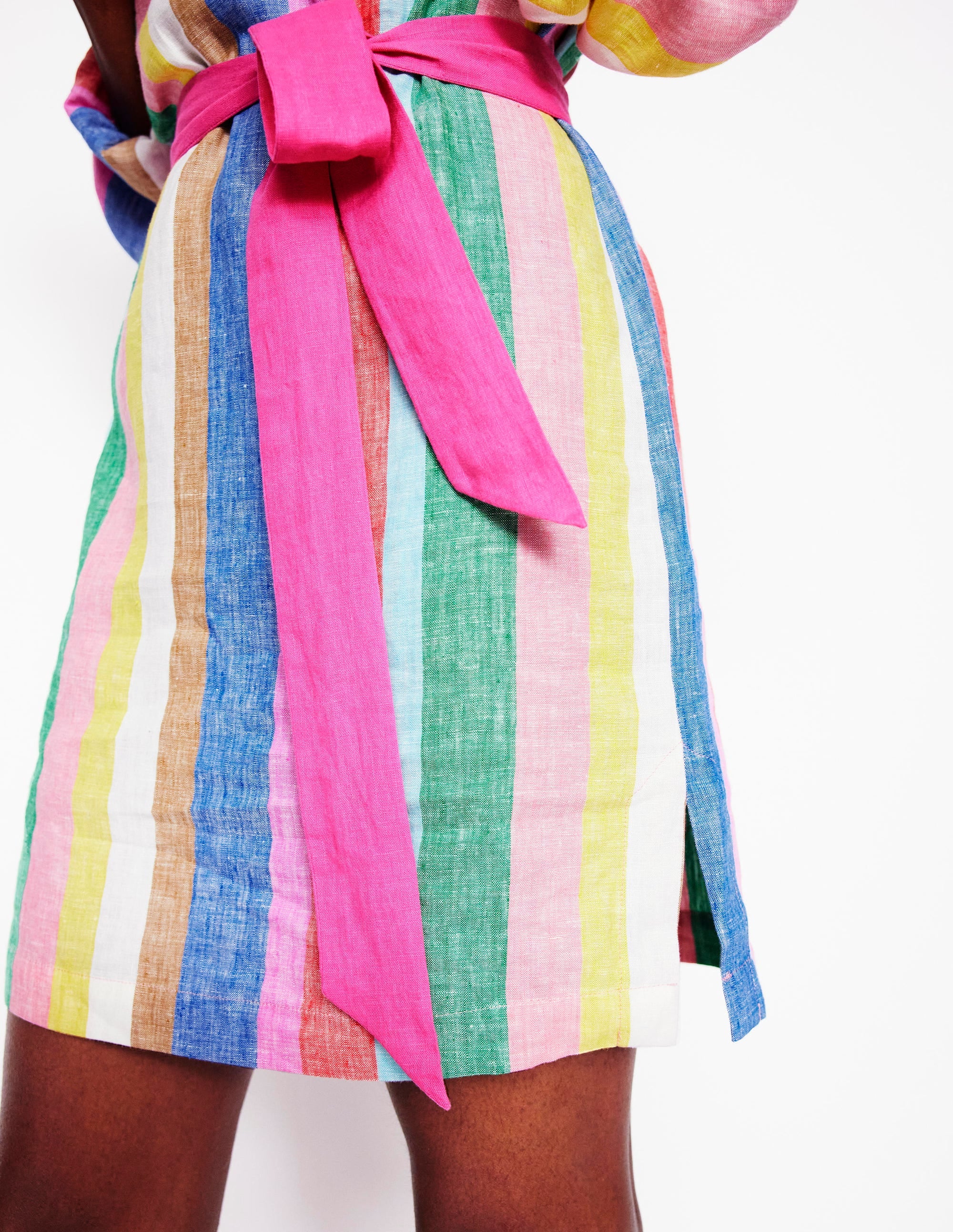 Robe Cleo nouée à la taille en lin-Rayé arc-en-ciel vif - Image 5