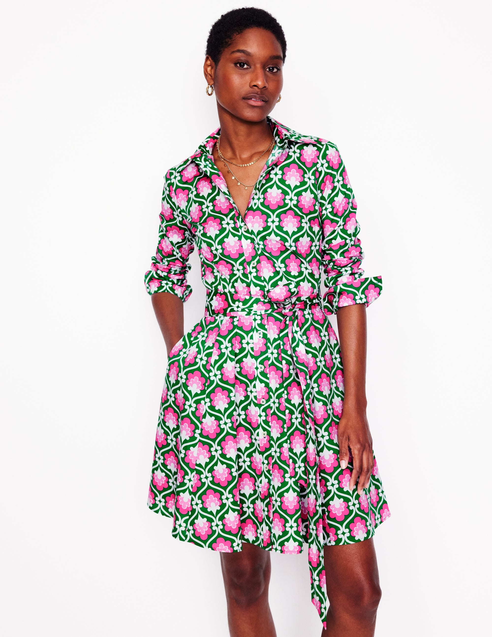 Robe-chemise courte Amy en coton-Émeraude profond, motif Ivy Trellis - Image 1