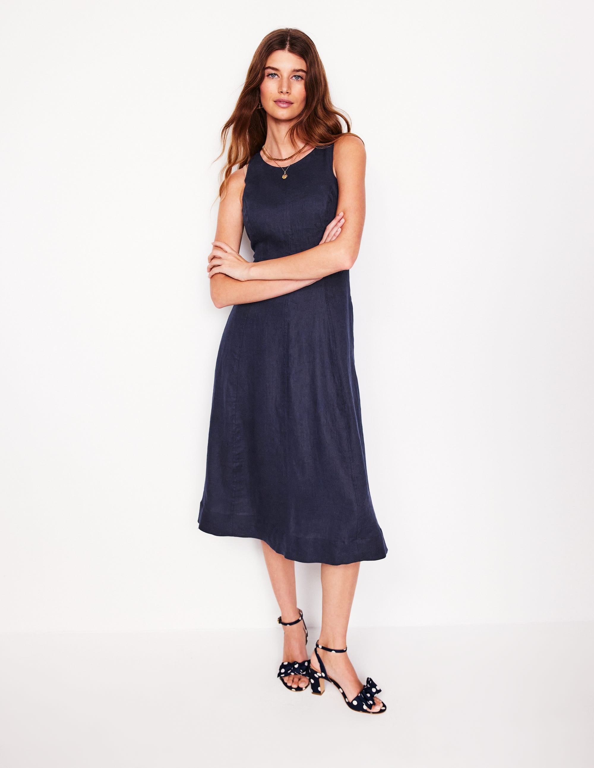 Robe midi Carla en lin-Bleu Marine, Petits Pois - Image 4