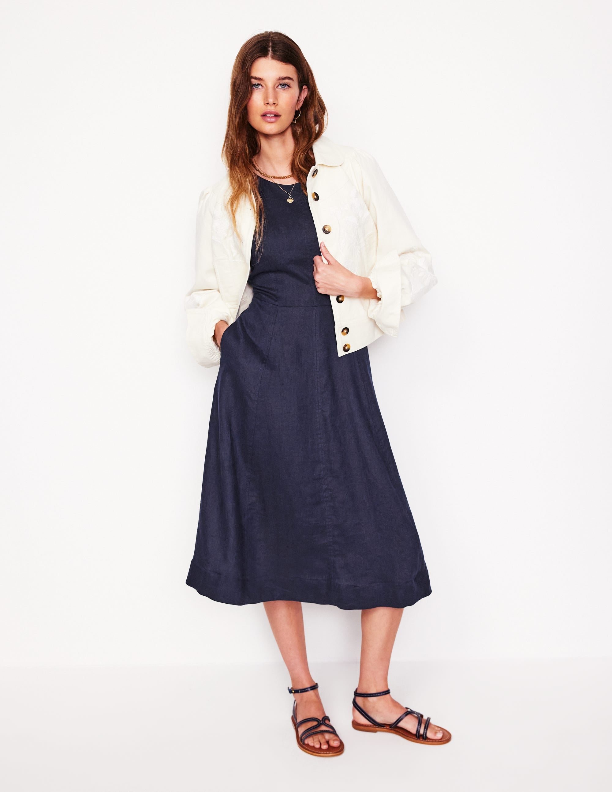 Robe midi Carla en lin-Bleu Marine, Petits Pois - Image 5