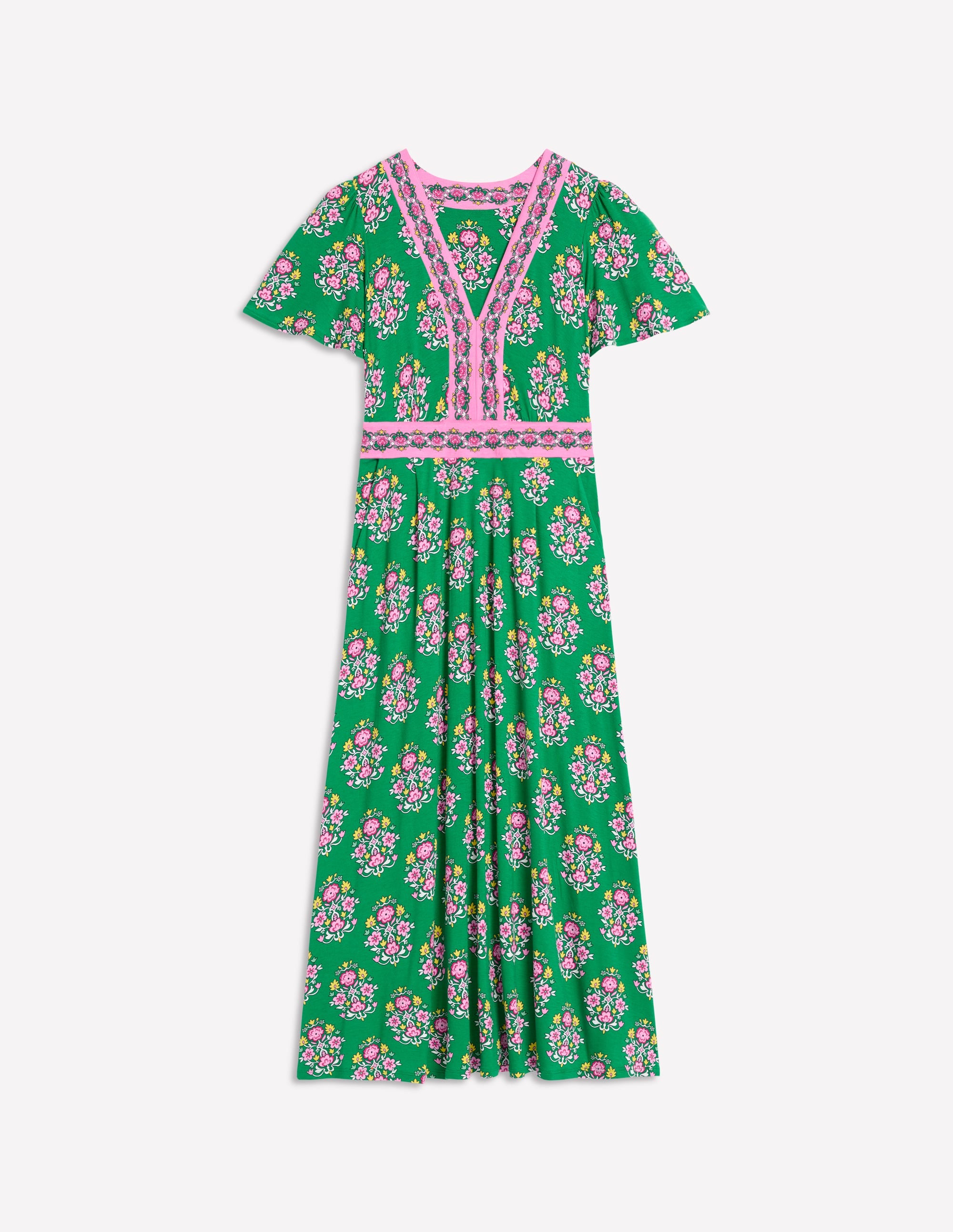 Robe longue style 40s Ellie à manches aériennes-Émeraude profond, motif Wildflower Stamp - Image 6