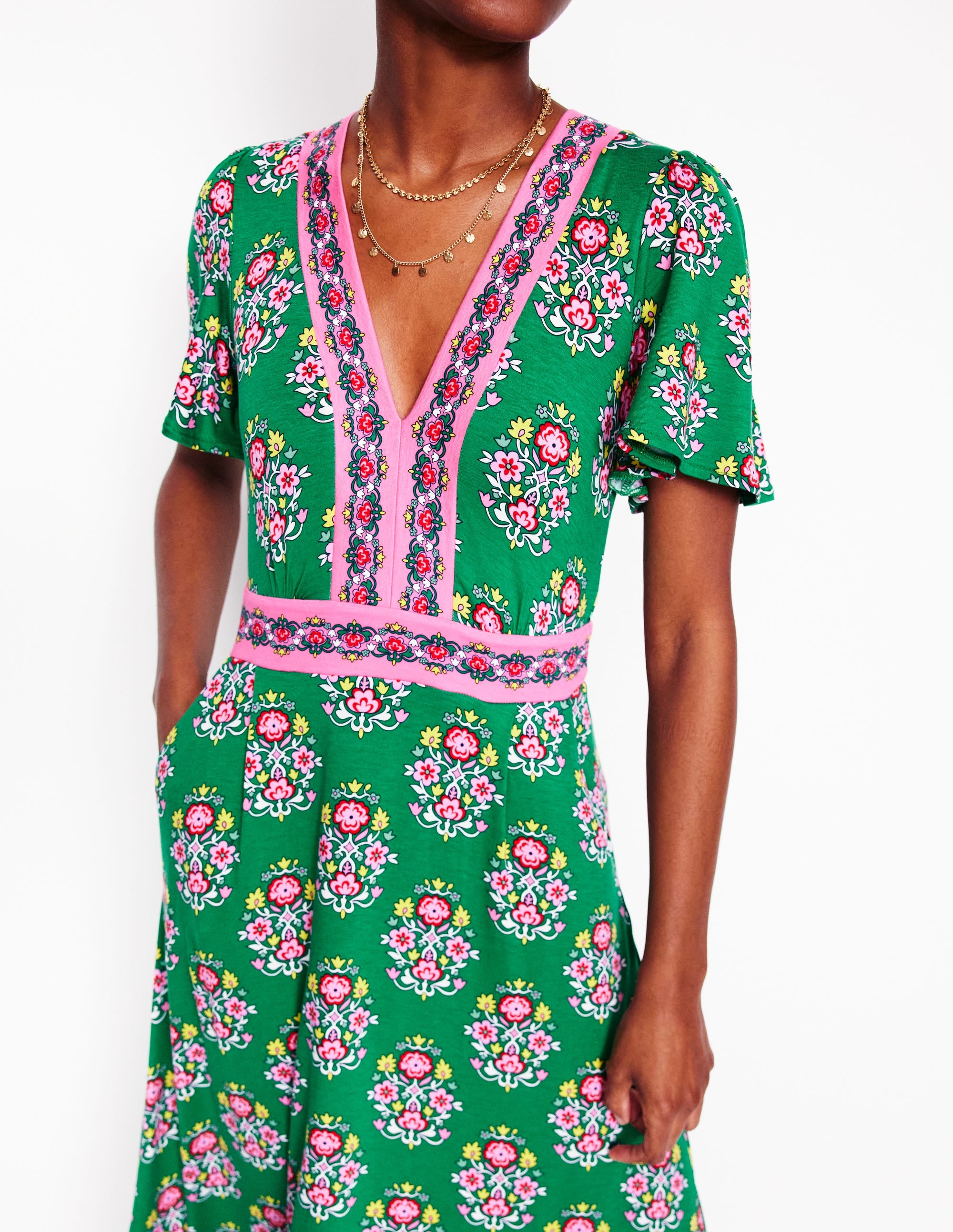 Robe longue style 40s Ellie à manches aériennes-Émeraude profond, motif Wildflower Stamp - Image 3