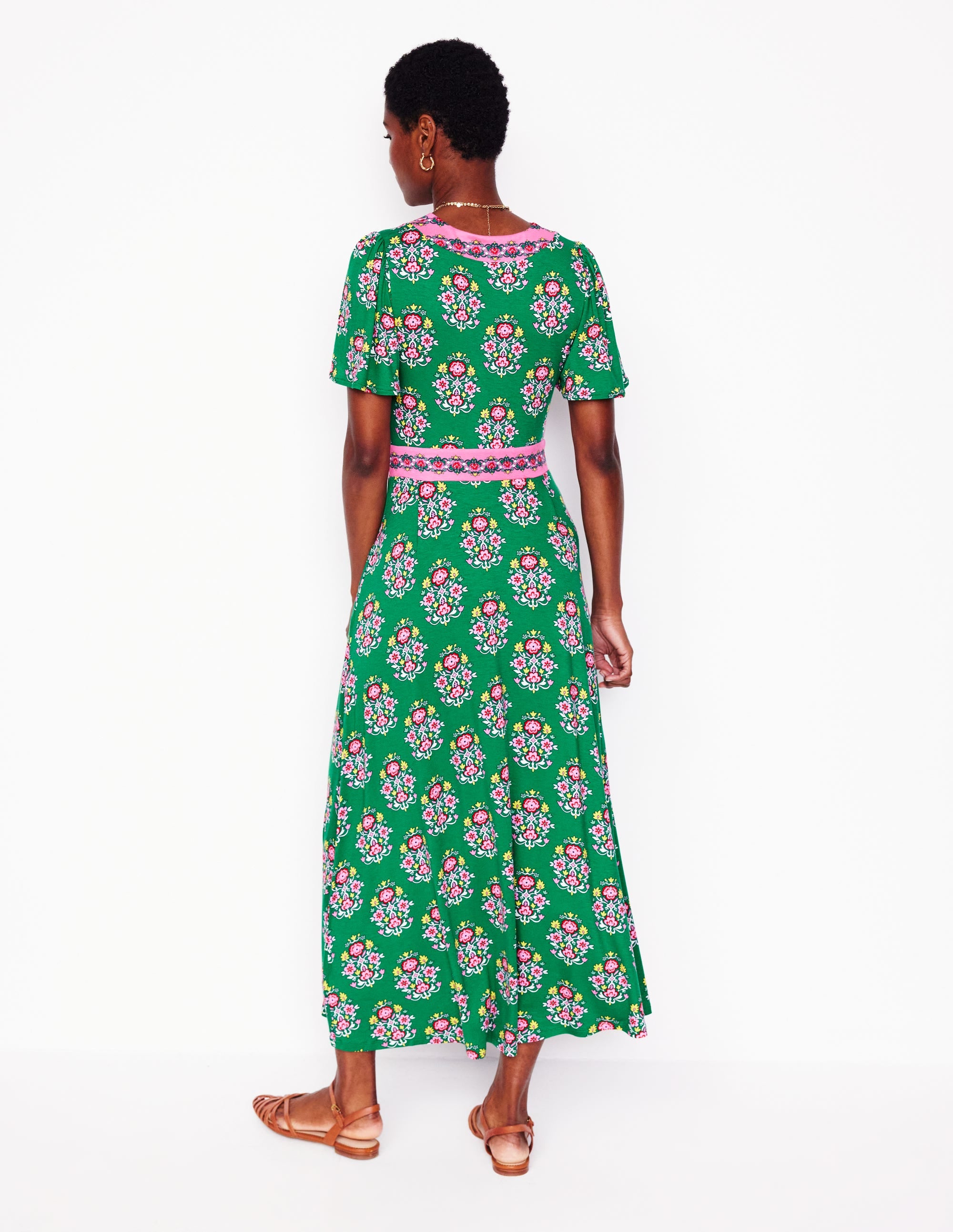 Robe longue style 40s Ellie à manches aériennes-Émeraude profond, motif Wildflower Stamp - Image 4