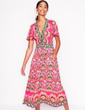 Ellie Wallendes Maxi-Teekleid-Rosa Pfingstrose, Blumenmuster mit Ornamenten