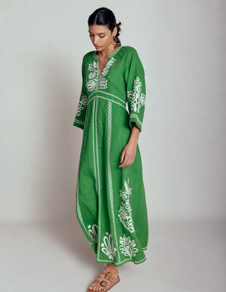 Una Leinenkleid mit Stickerei-Paradiesgrün