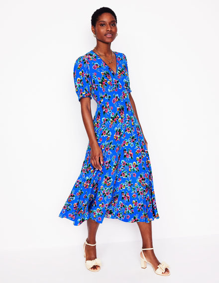 Rosie Godet Tea Dress-Gallery Blue, Abstract Posy