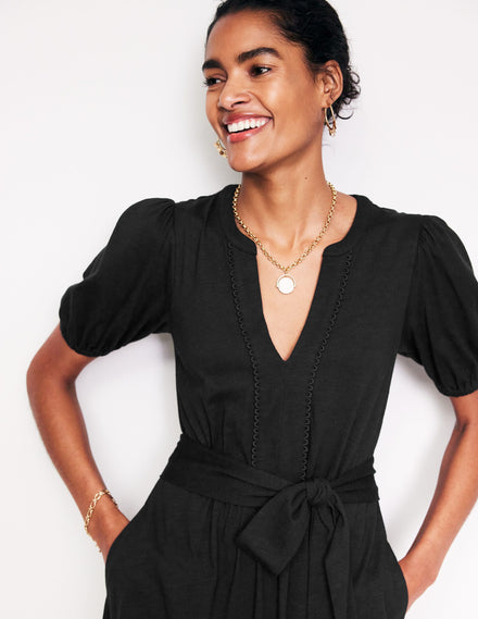 Sofia Jersey-Midikleid mit Besatz-Schwarz