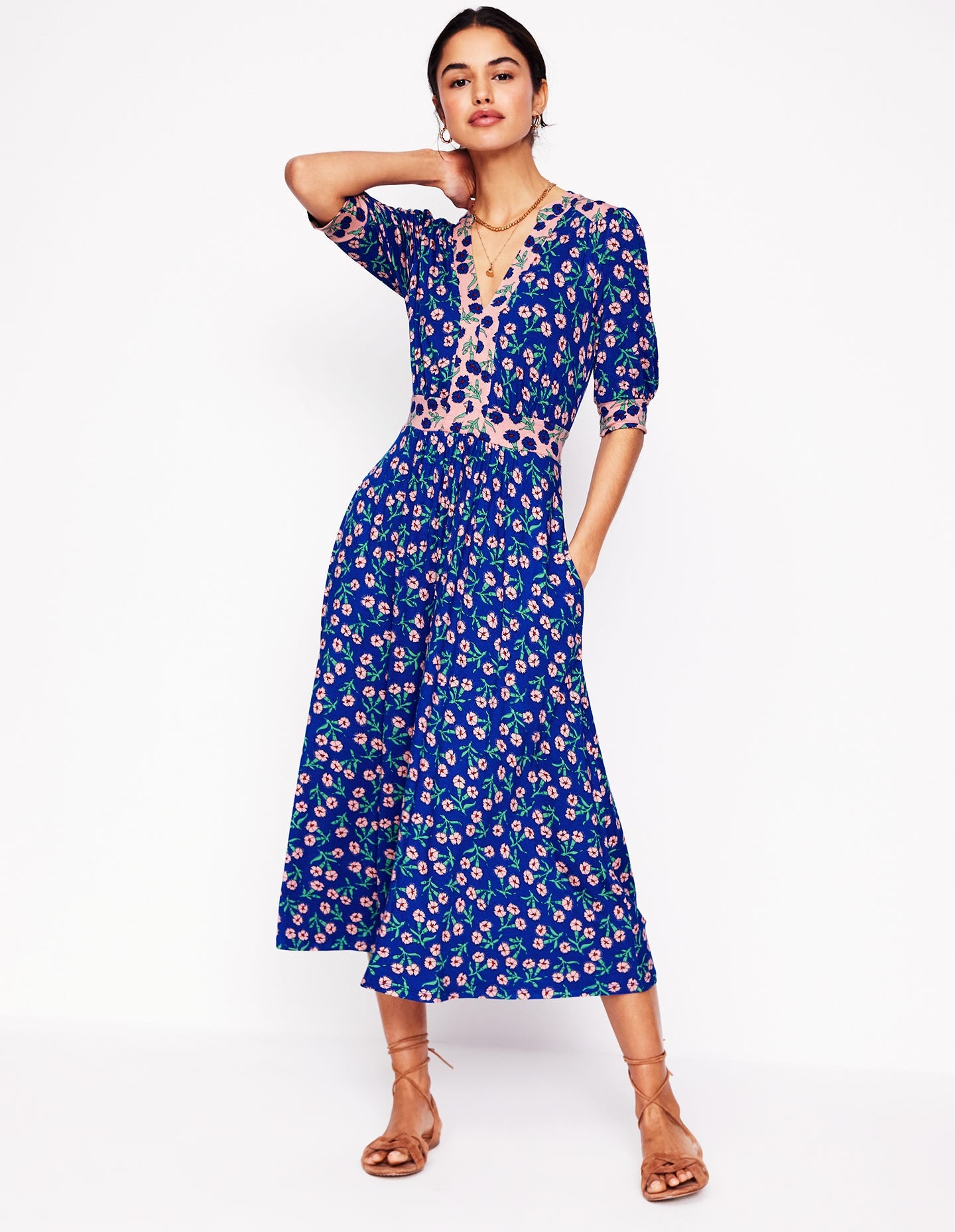 Robe midi style 40s Lily en jersey-Bleu vif, motif Carnation Sprig - Image 4