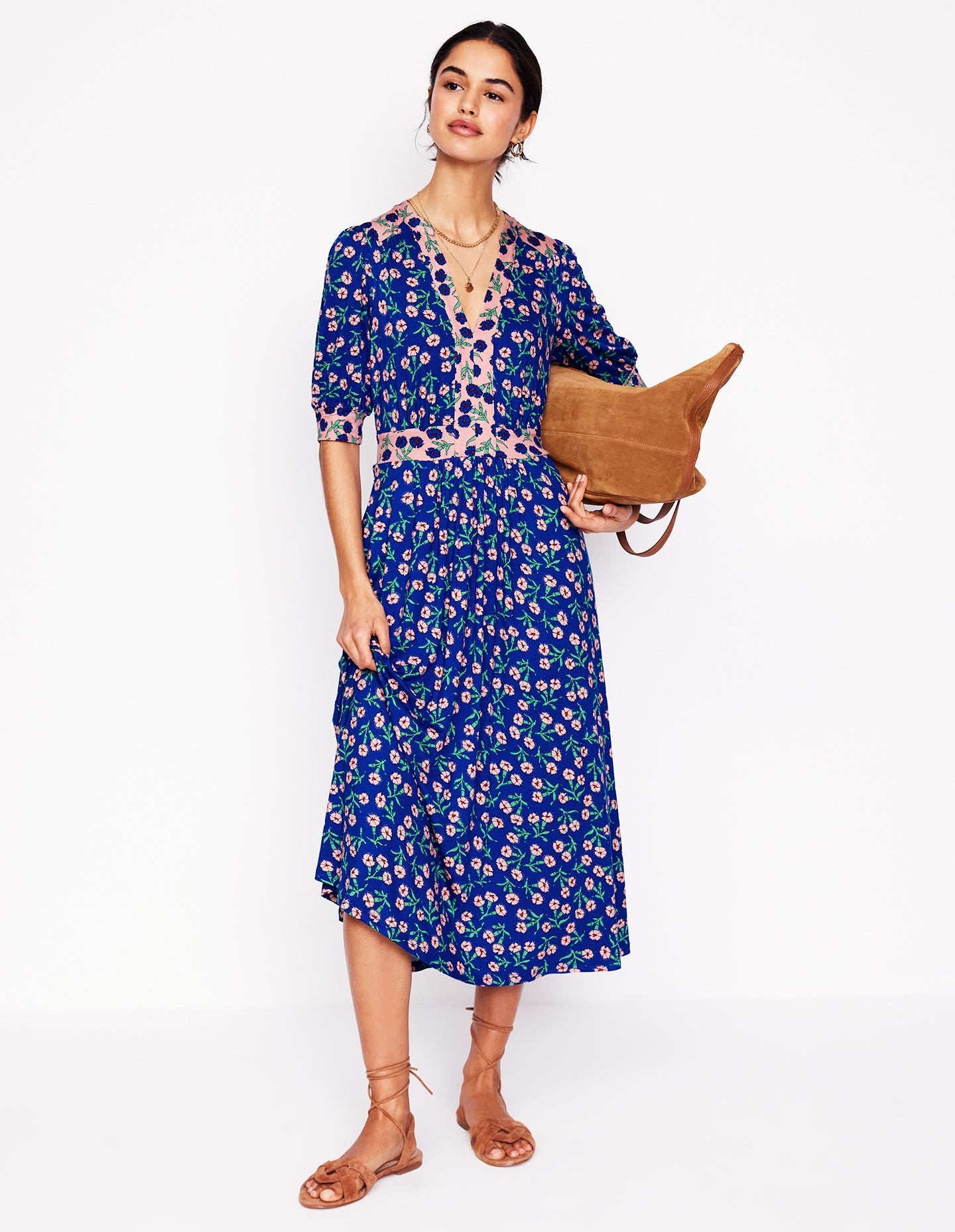Robe midi style 40s Lily en jersey-Bleu vif, motif Carnation Sprig - Image 5