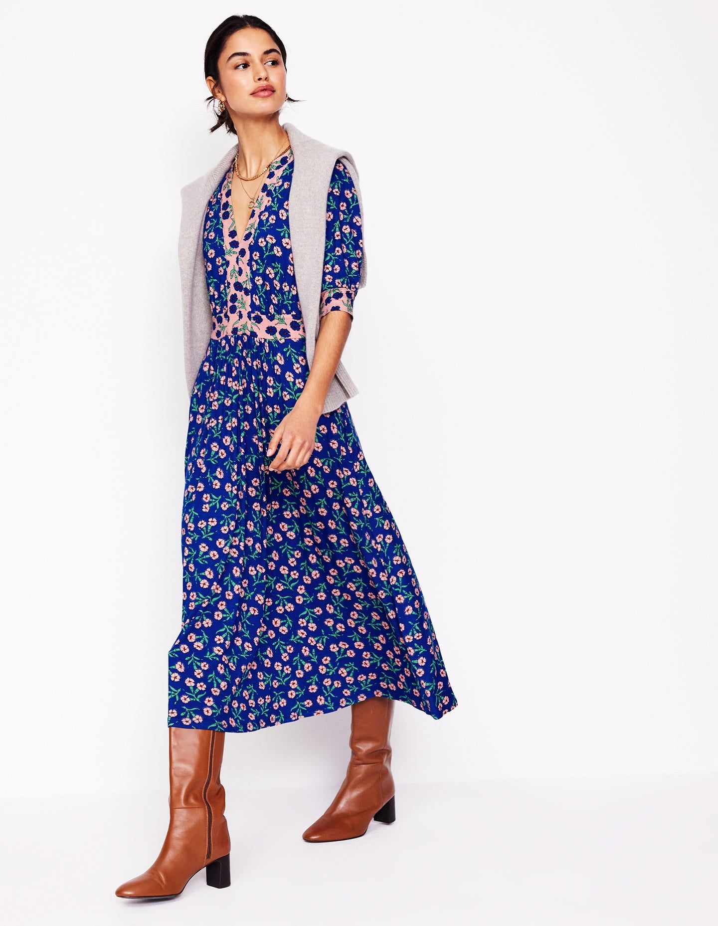 Robe midi style 40s Lily en jersey-Bleu vif, motif Carnation Sprig - Image 6