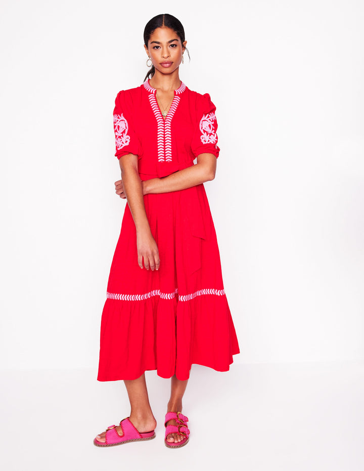 Robe Amara brodée en jersey-Rouge coquelicot, rose pivoine