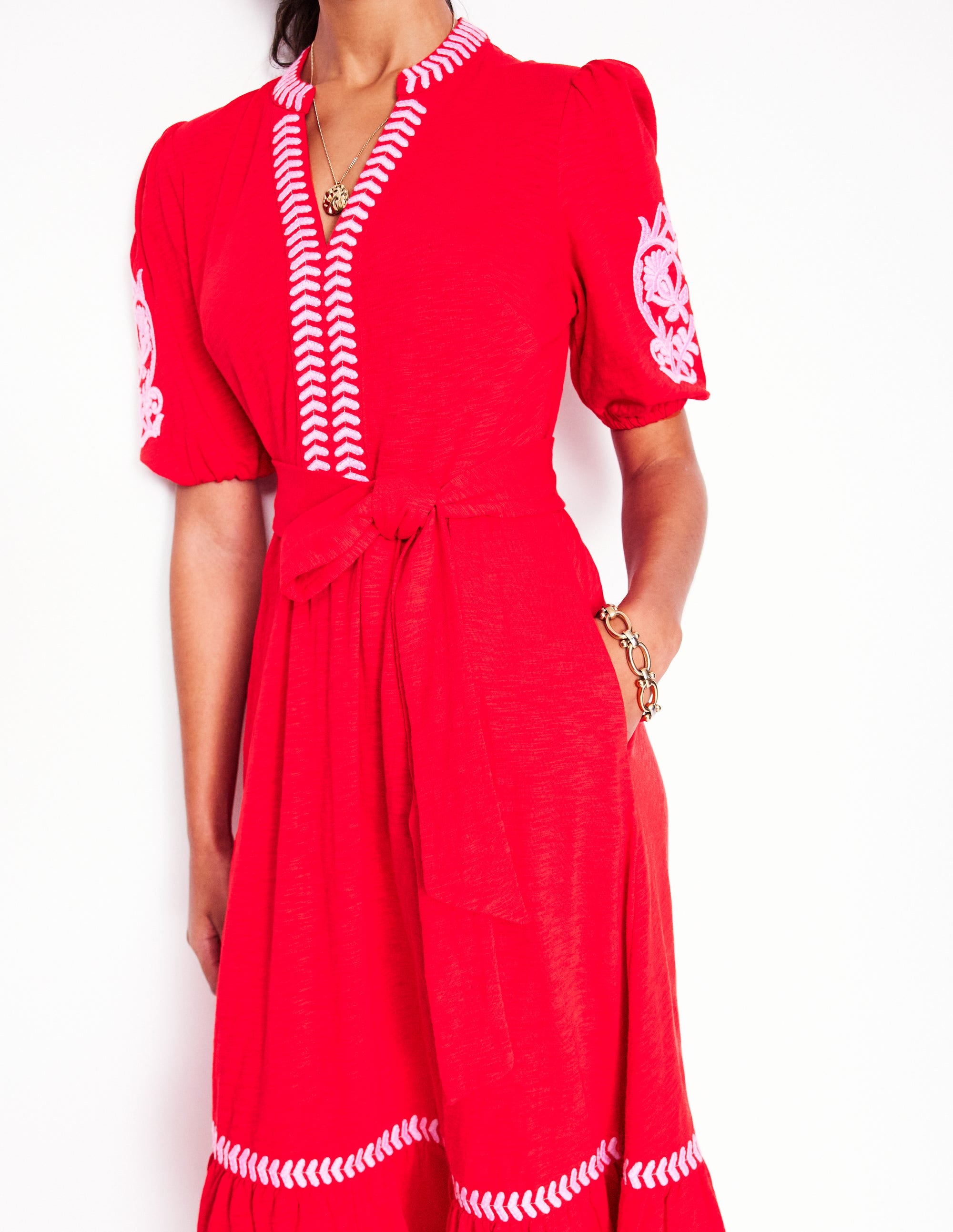Robe Amara brodée en jersey-Rouge coquelicot, rose pivoine - Image 3