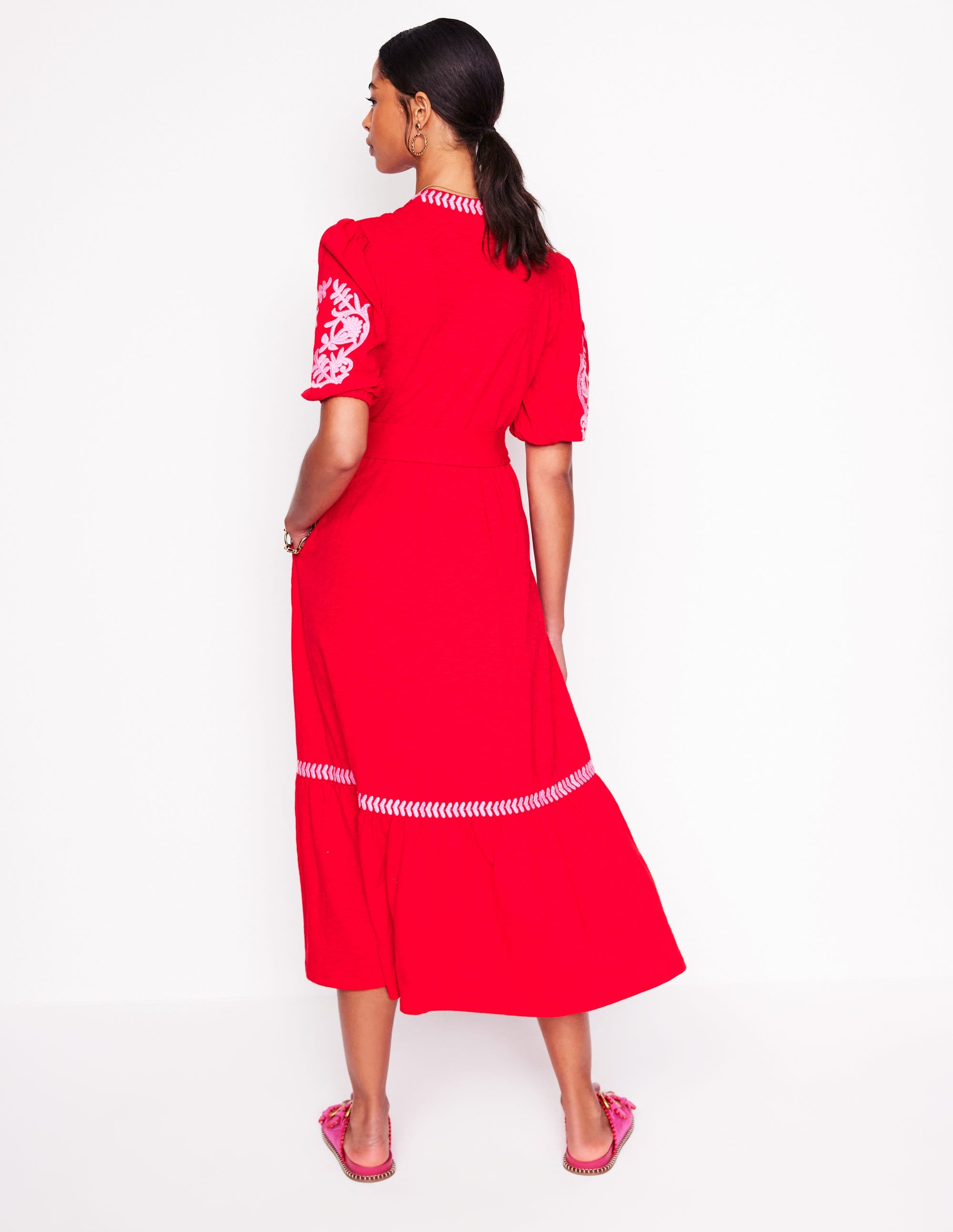 Robe Amara brodée en jersey-Rouge coquelicot, rose pivoine - Image 4